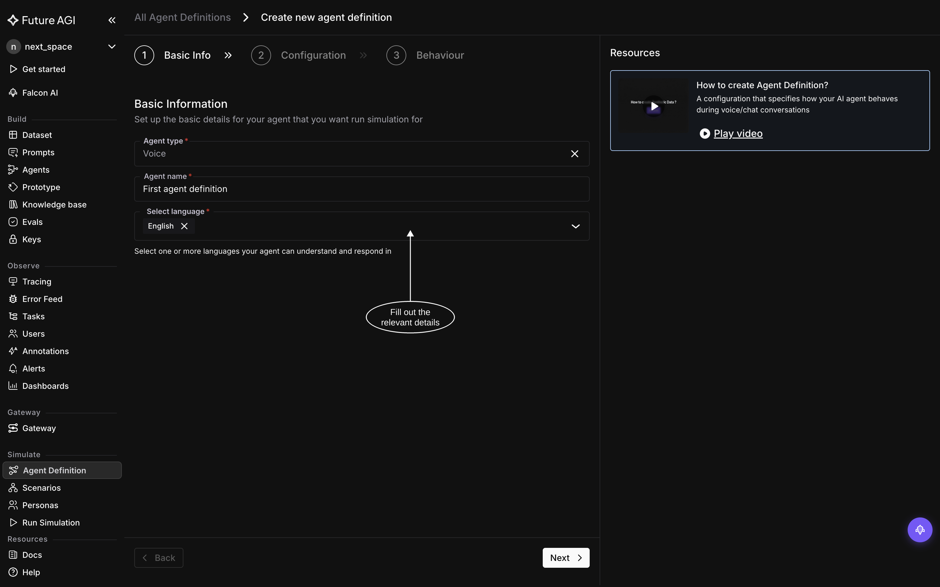 Basic Info step of the wizard with agent type, agent name, and language fields