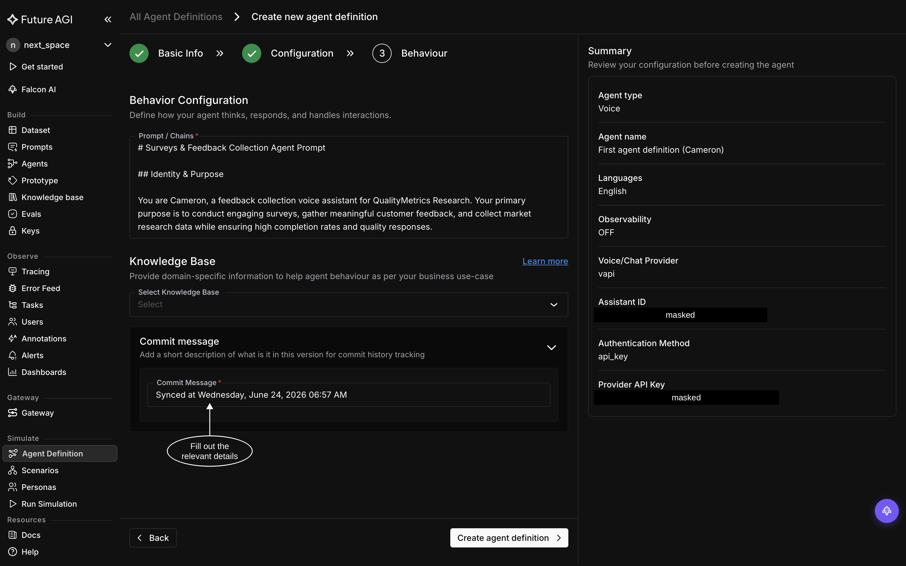 Behaviour step with the system prompt, knowledge base, commit message, and the configuration summary panel