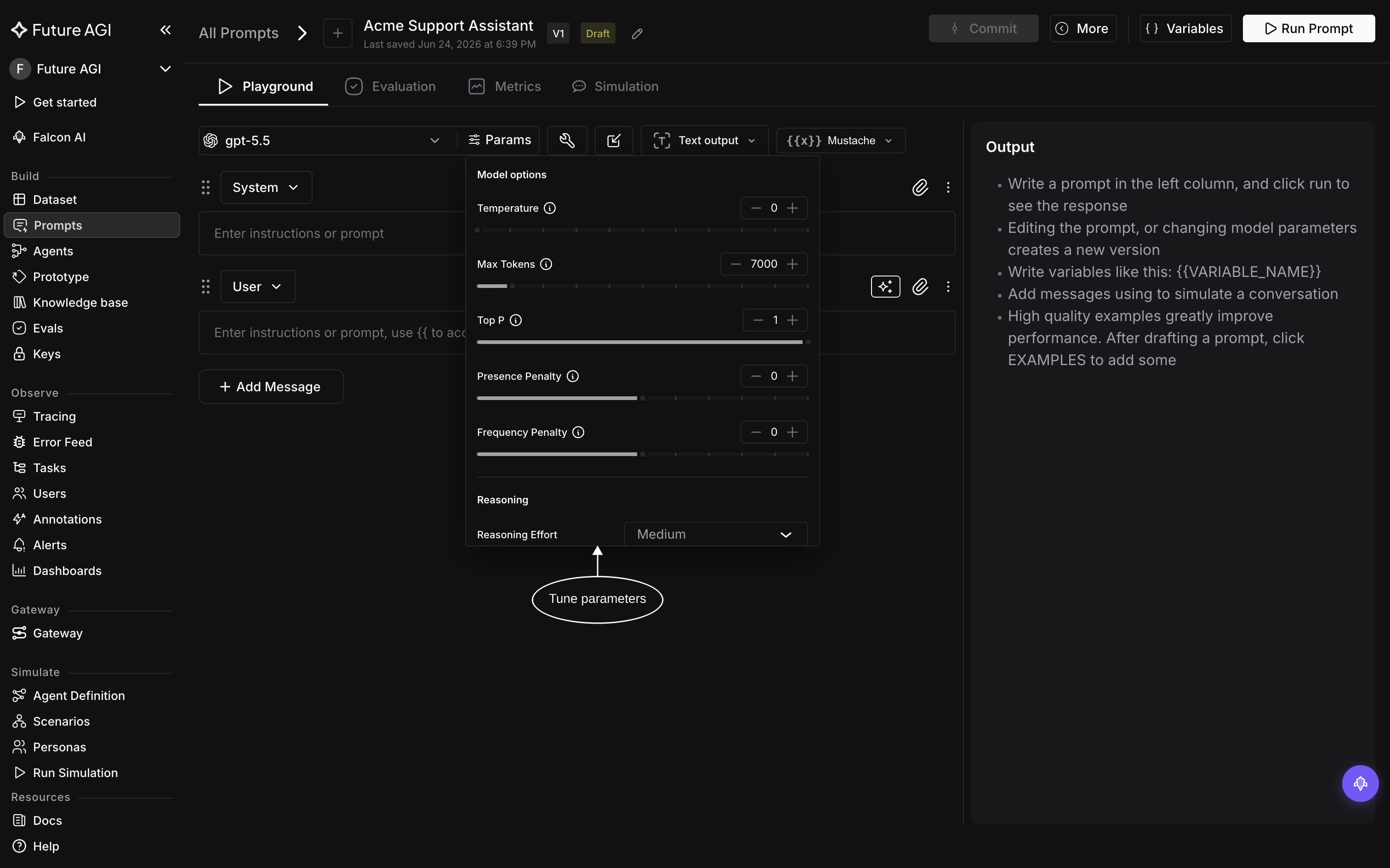 Tuning model parameters in the Params panel