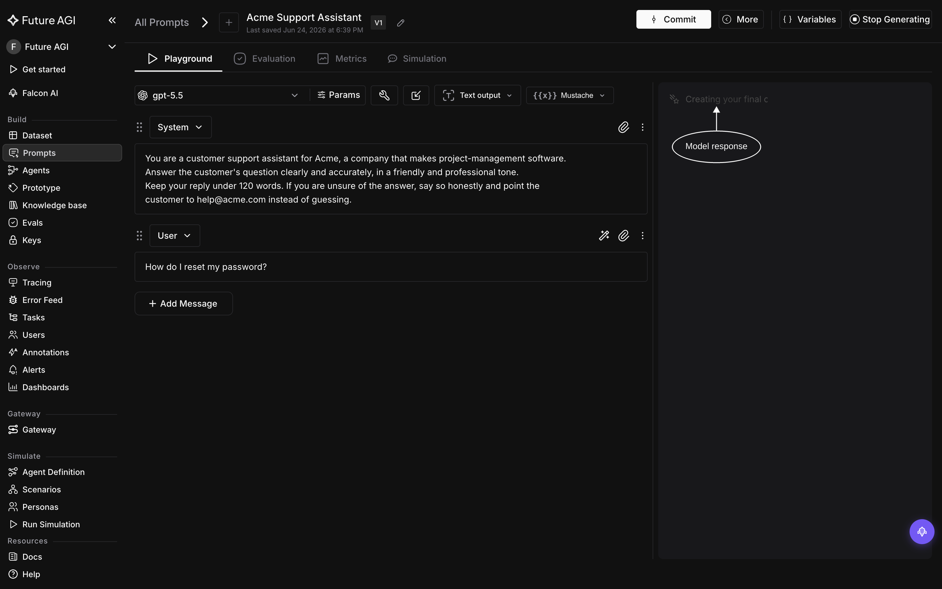 Running the prompt and viewing the model's response