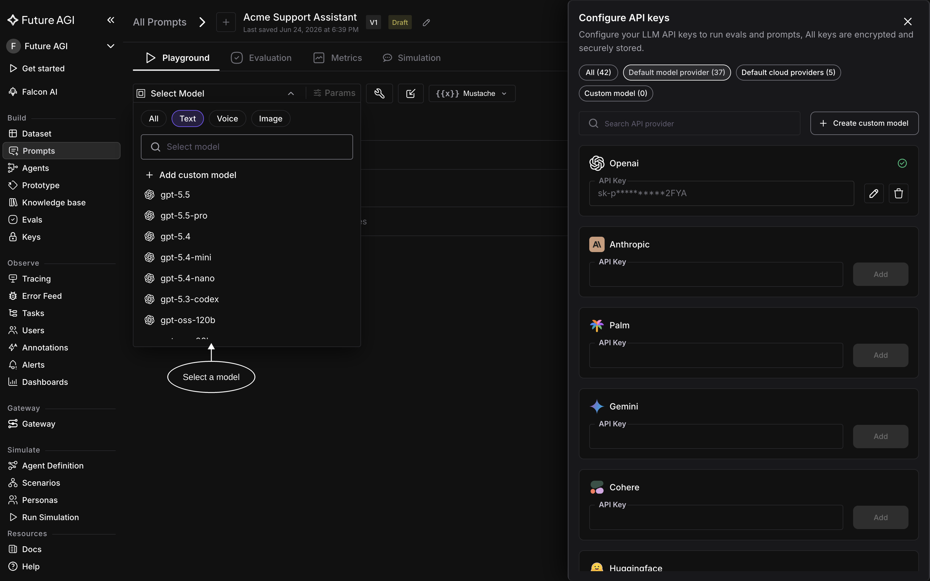 Choosing a model from the Select Model dropdown