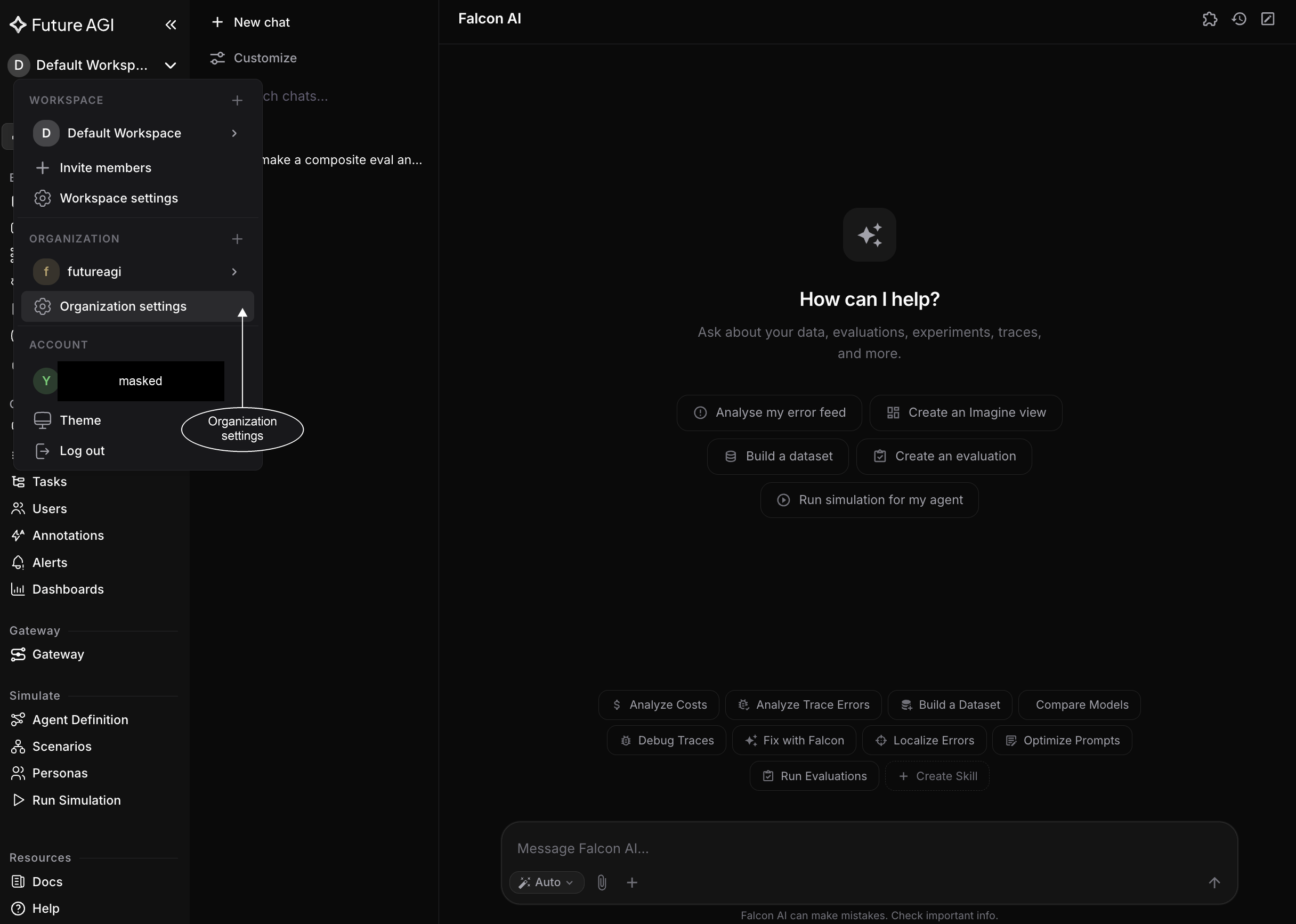 Future AGI workspace menu showing Workspace settings, where Integrations lives