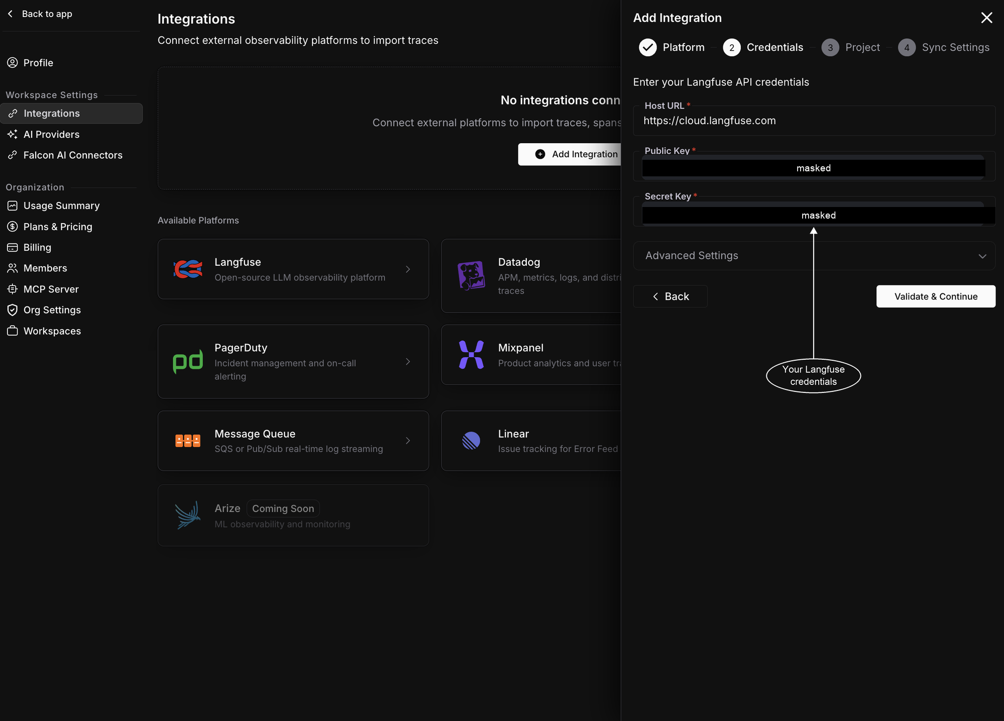 Langfuse credentials step with Host URL, Public Key, and Secret Key fields
