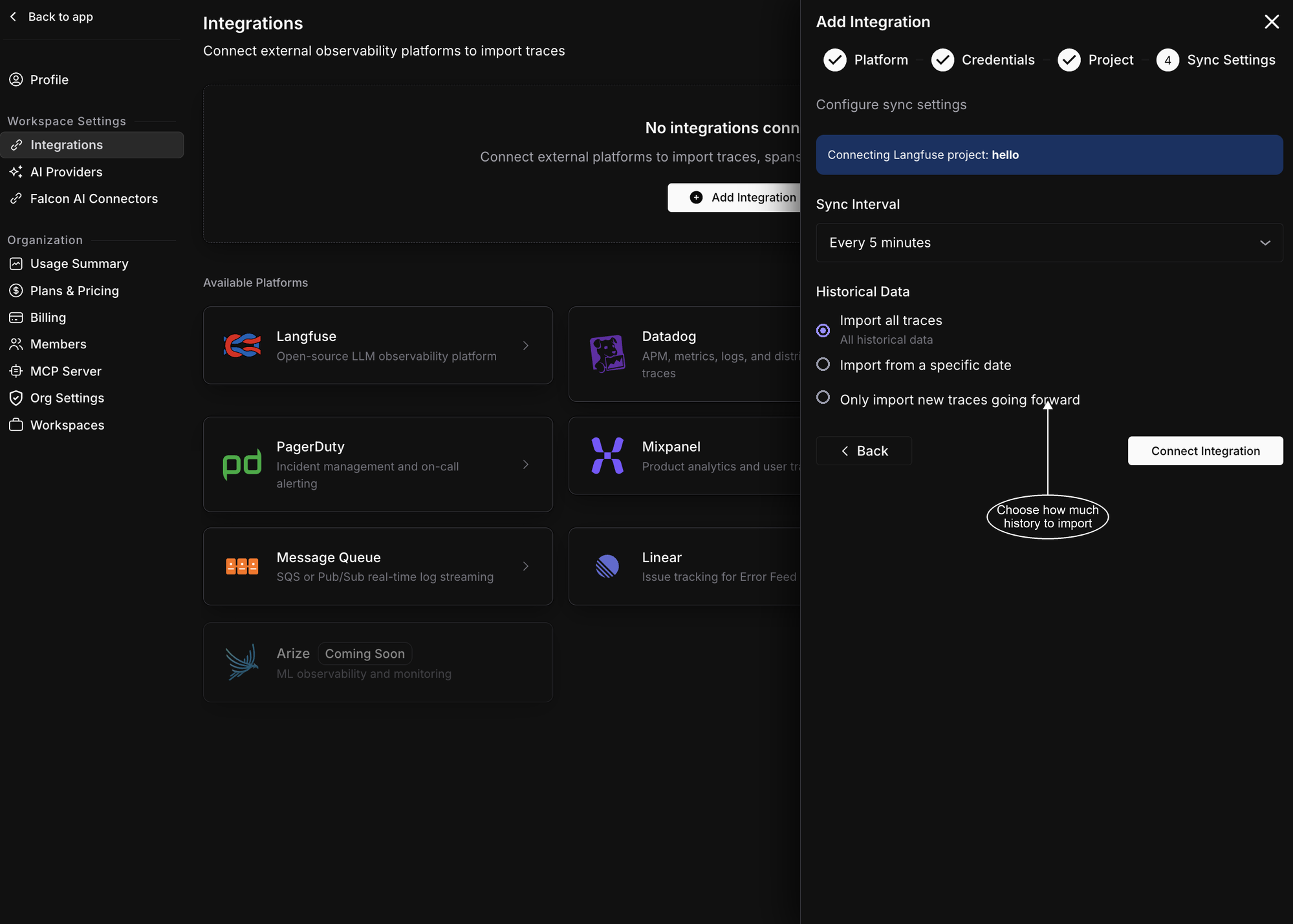 Sync settings with backfill options and sync interval