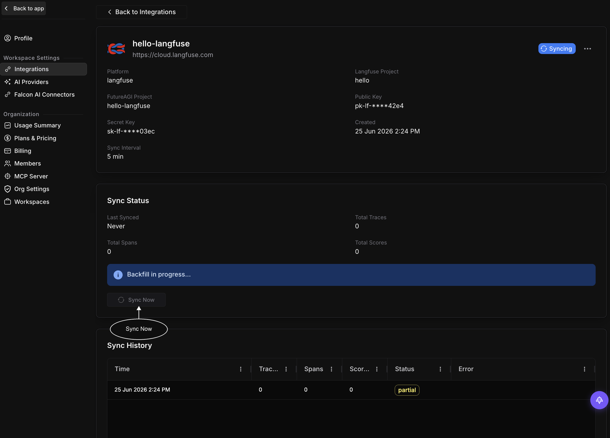Connection detail page showing sync status, totals, and sync history