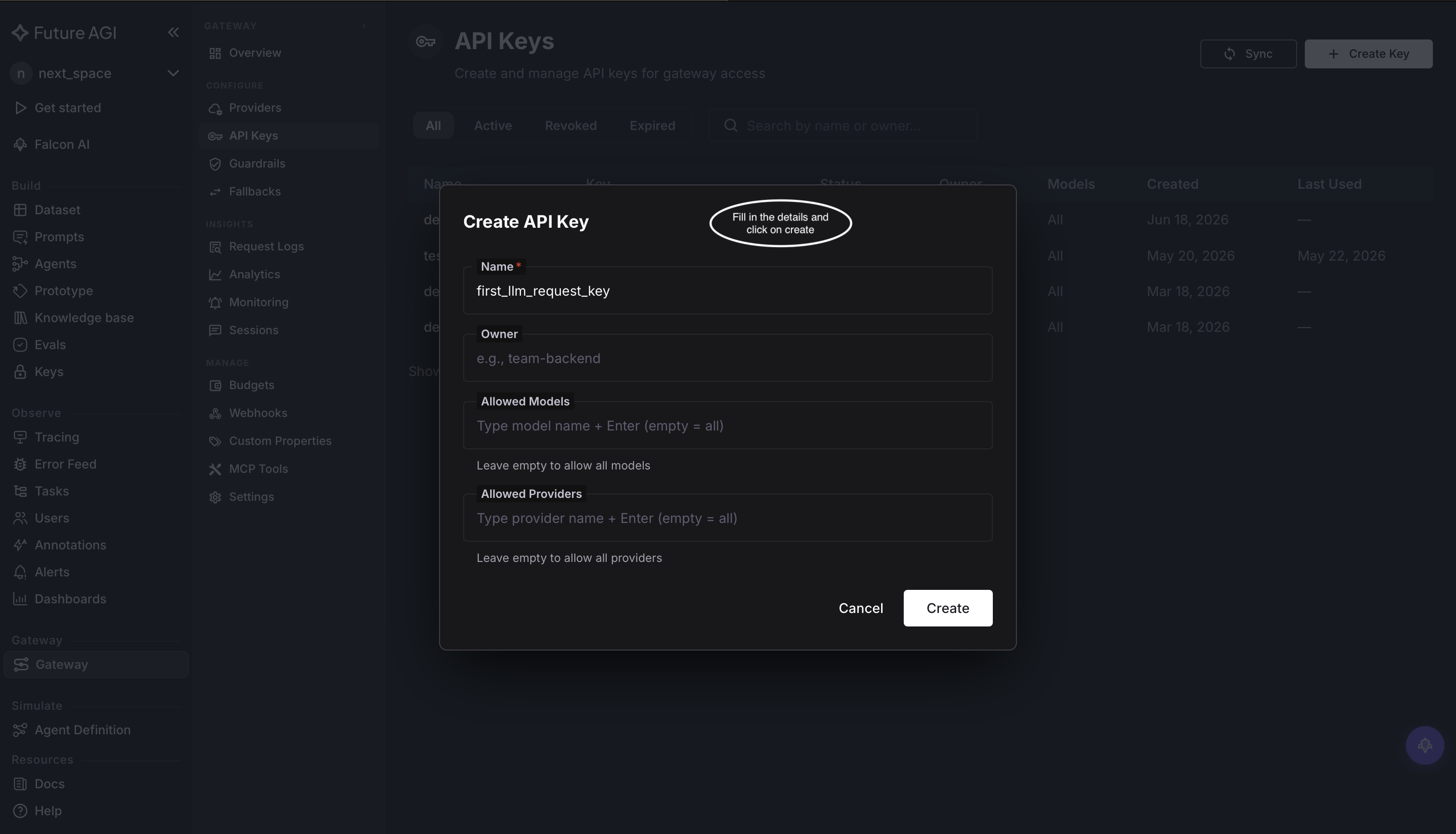 Add API key modal in Agent Command Center