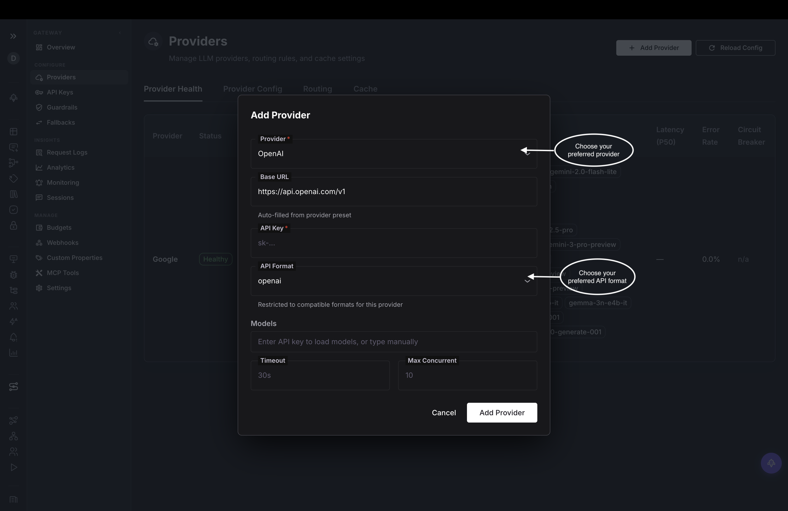 Add provider modal in Agent Command Center