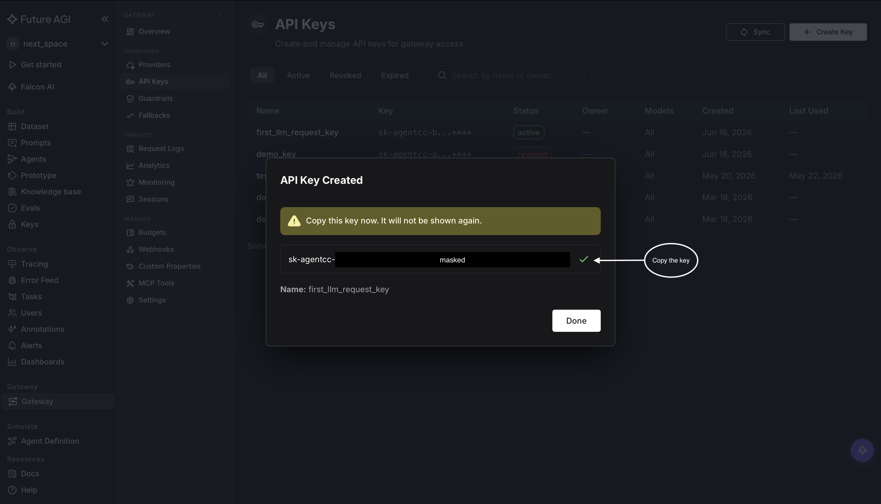 API key added in Agent Command Center