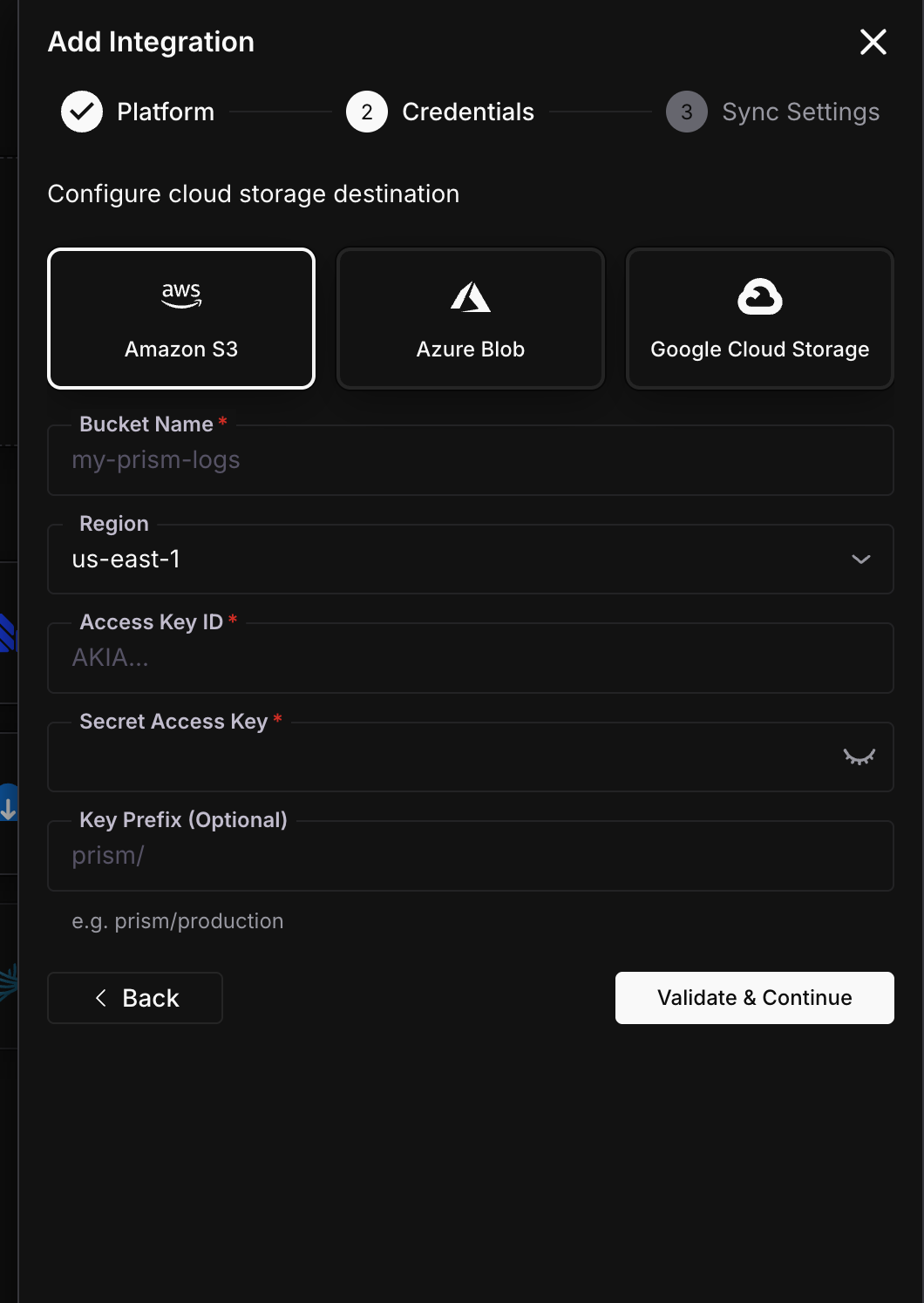 Cloud Storage credentials form