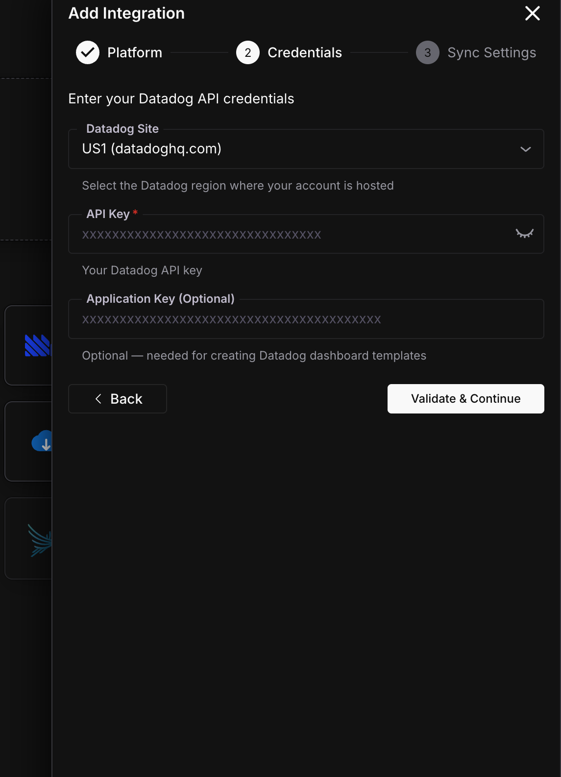 Datadog credentials form