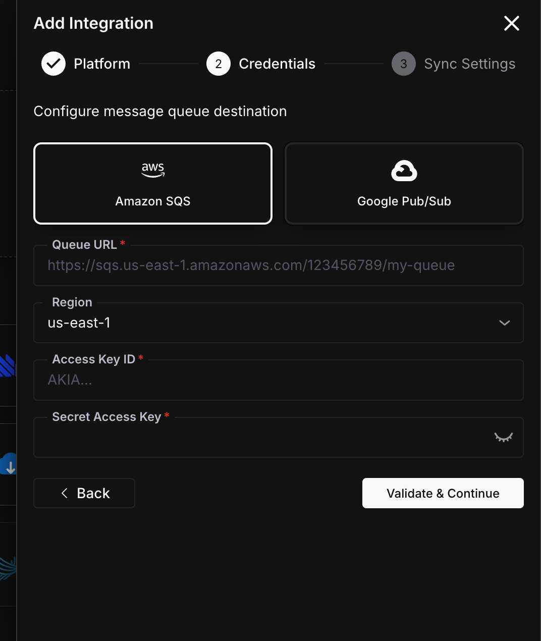 Message Queue credentials form