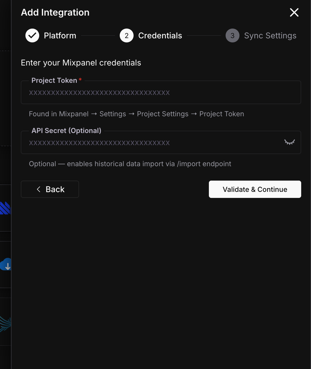 Mixpanel credentials form
