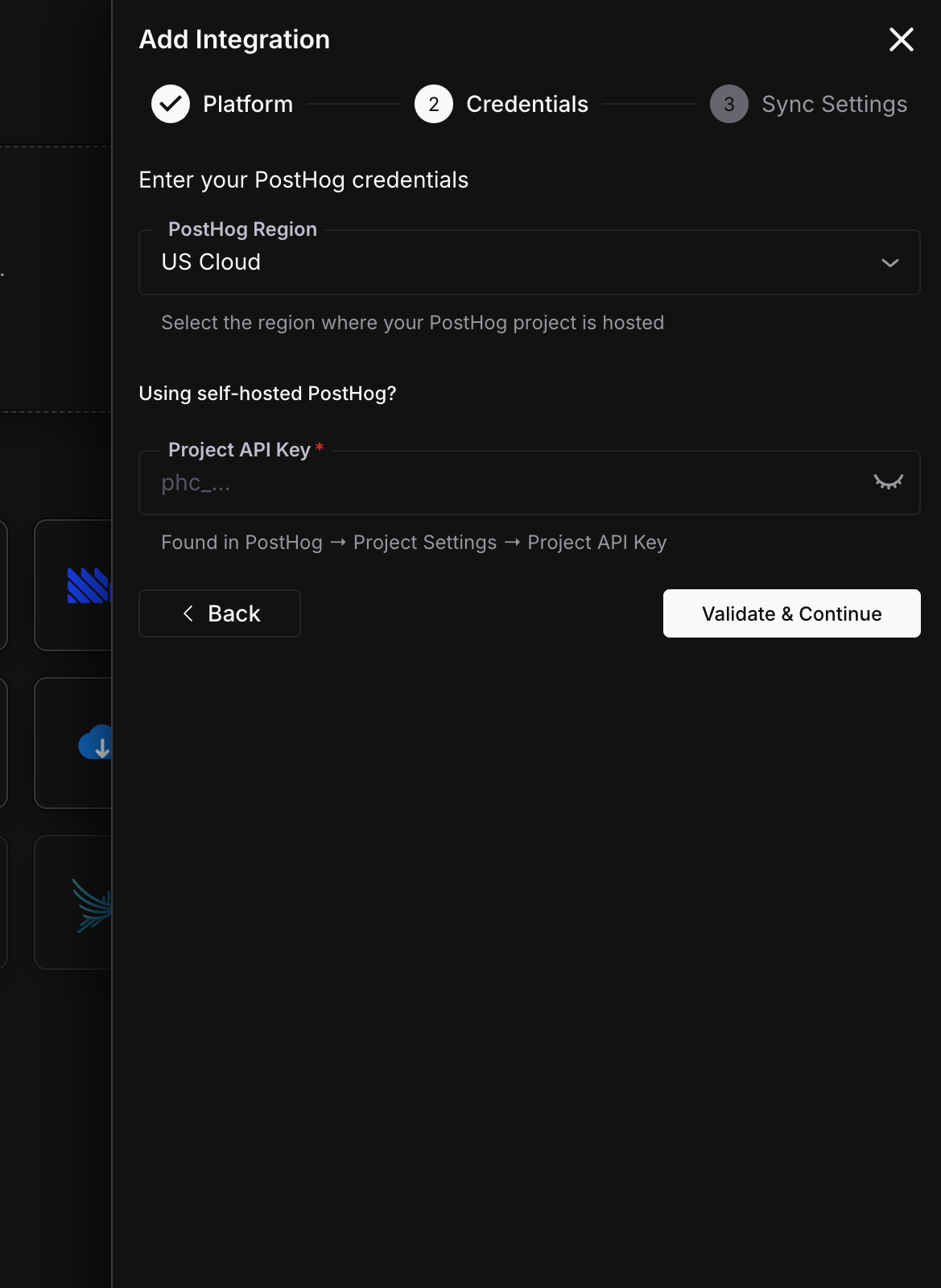 PostHog credentials form