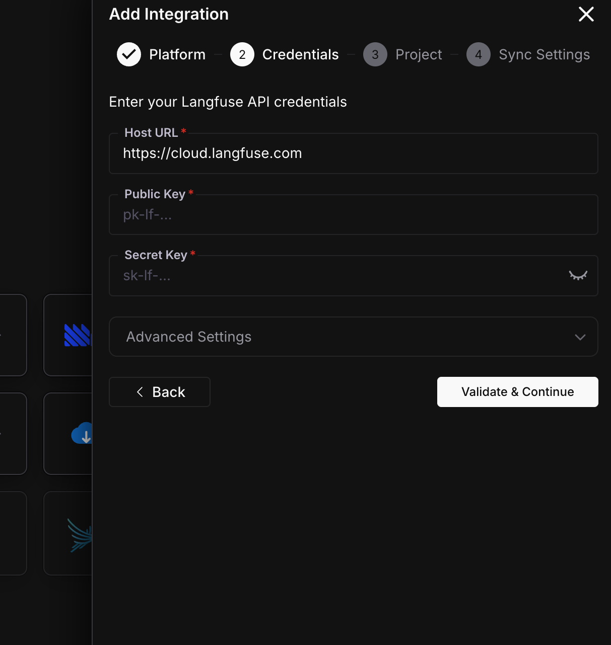 Langfuse credentials form