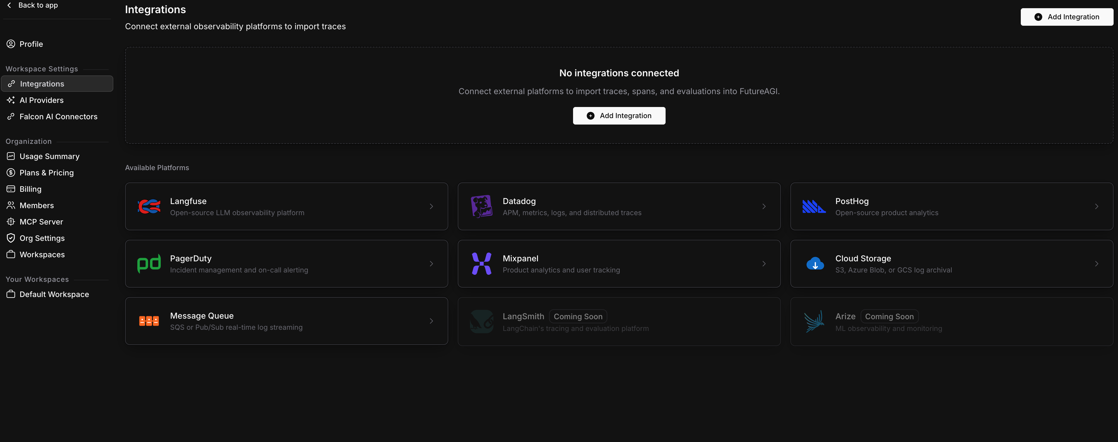 Integrations list page