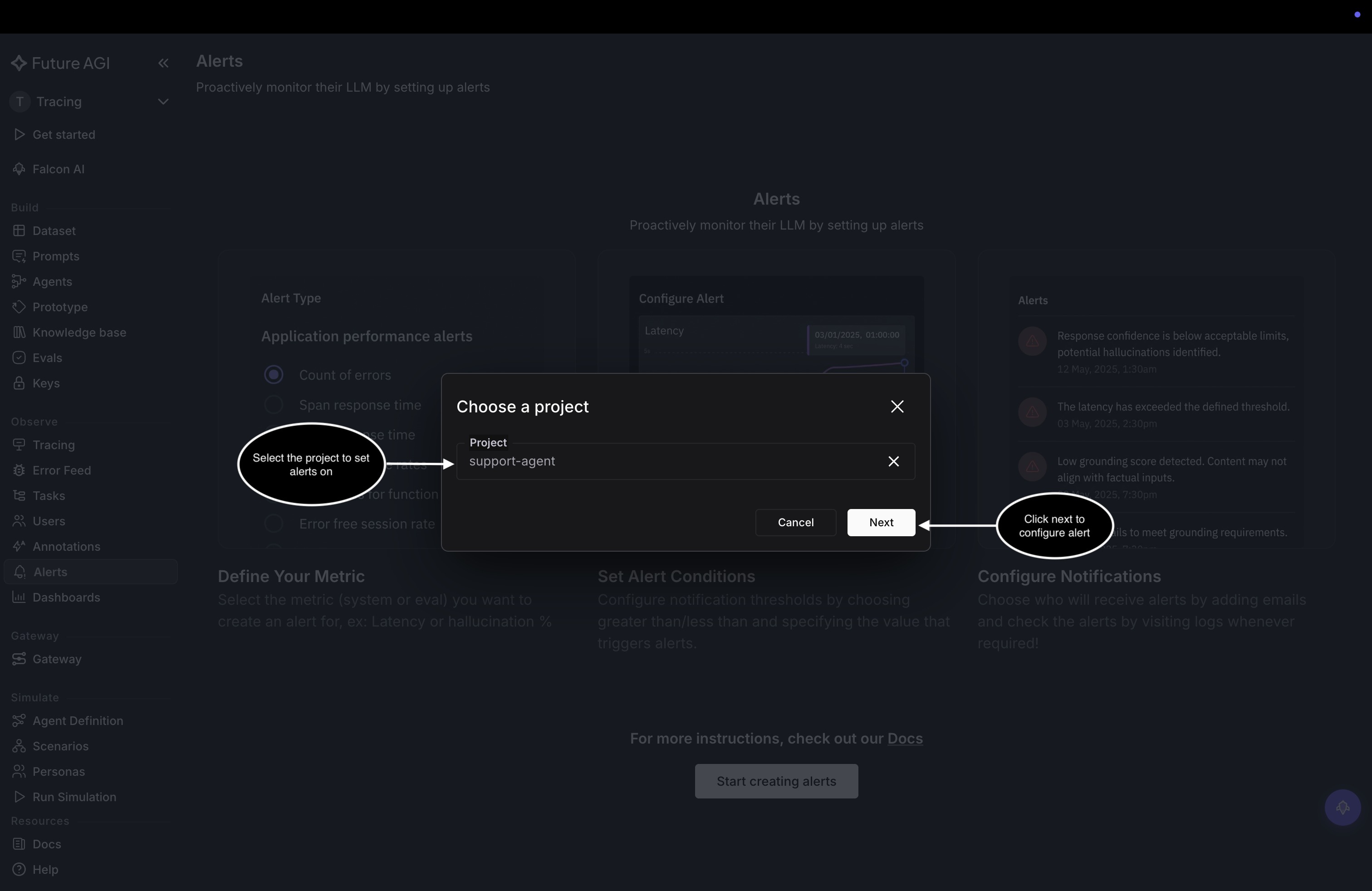 Choose a project modal with support-agent selected and a Next button