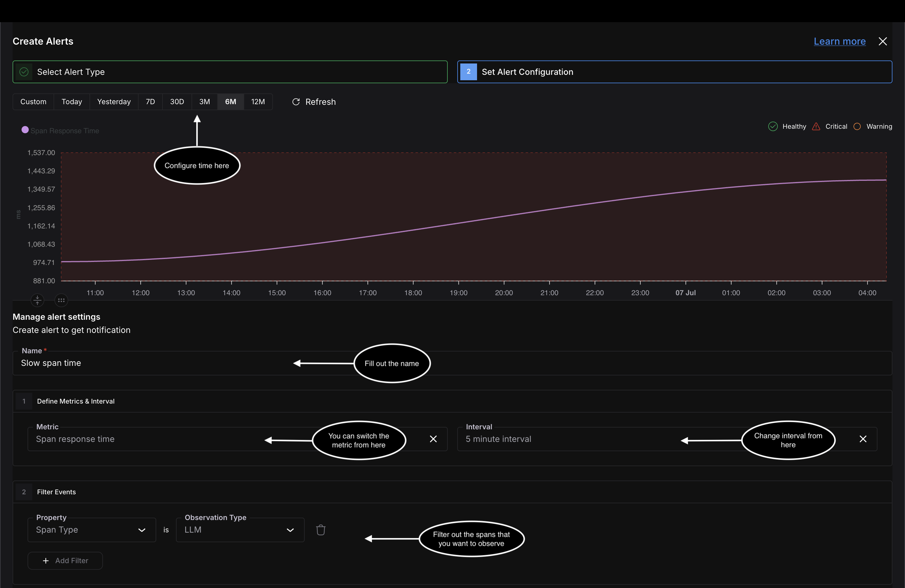 Set Alert Configuration step with a Name field reading Slow span time, a Span response time metric on a 5 minute interval, and a Filter Events row of Span Type is LLM