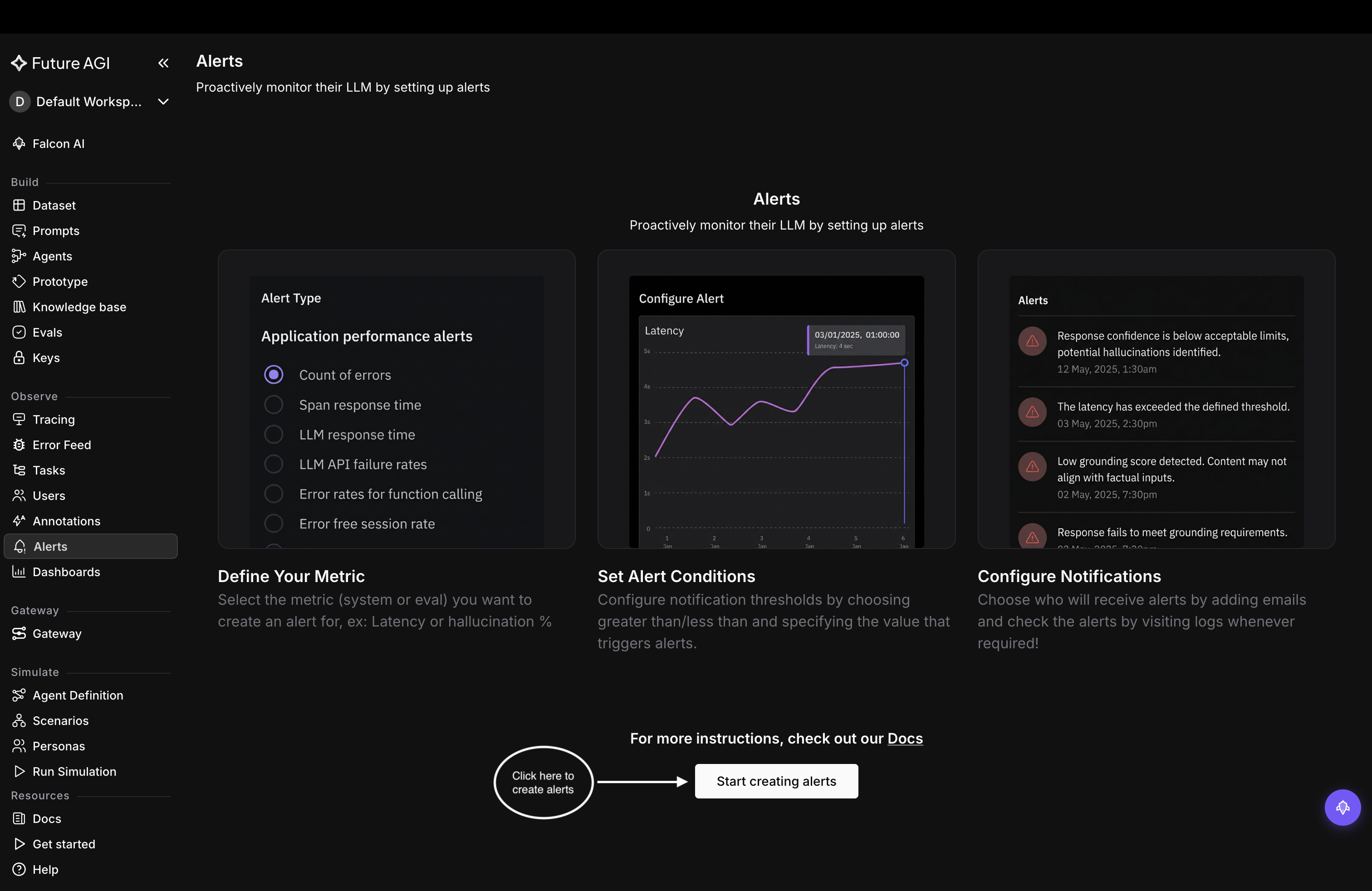 The Observe Alerts page describing Define Your Metric, Set Alert Conditions, and Configure Notifications, with the Start creating alerts button