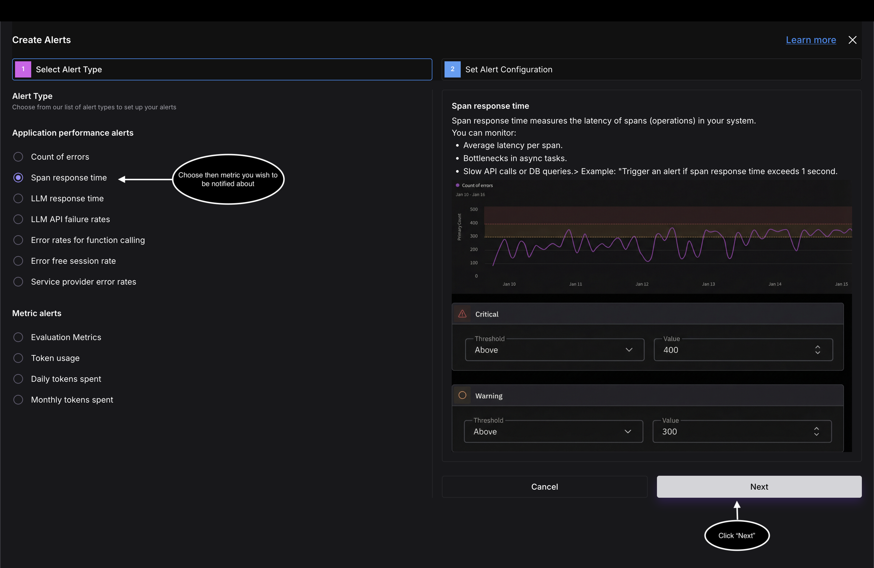 Select Alert Type step listing Application performance alerts and Metric alerts, with Span response time selected and a configuration preview on the right