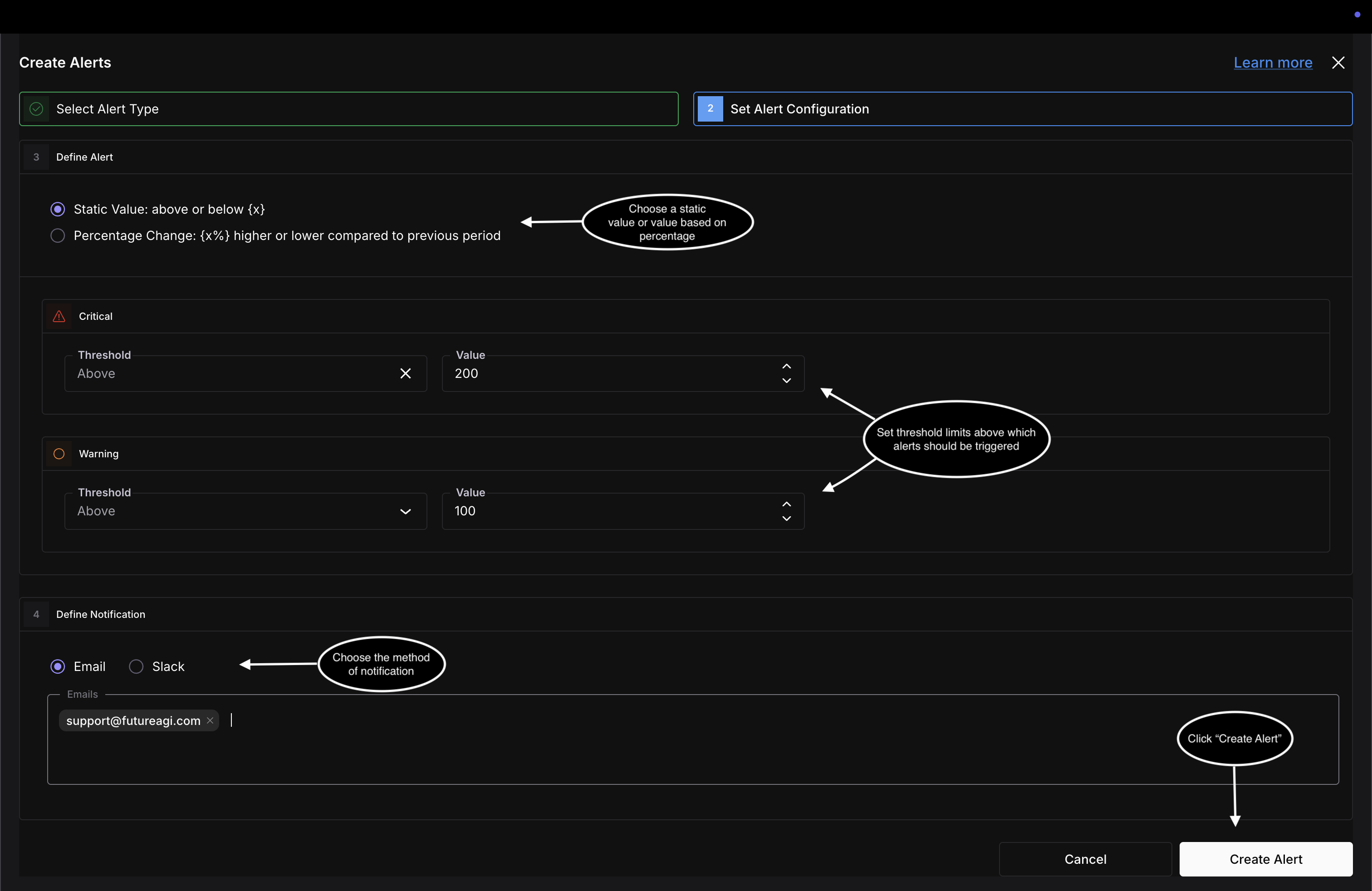 Define Alert with Static Value selected, Critical above 200 and Warning above 100, and Define Notification with Email chosen and a recipient added, next to the Create Alert button