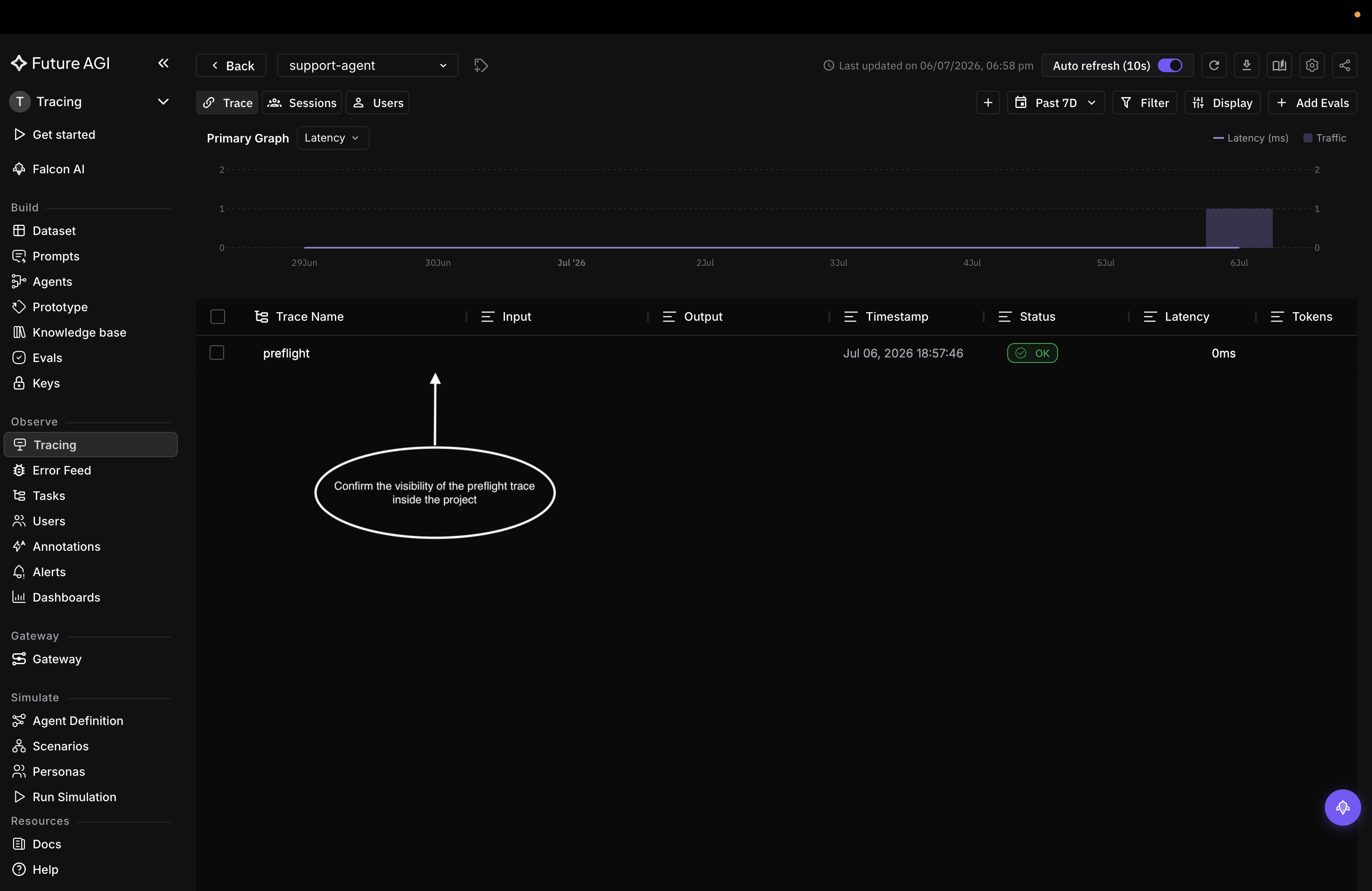 Trace explorer showing the project's first trace with OK status, above a latency chart