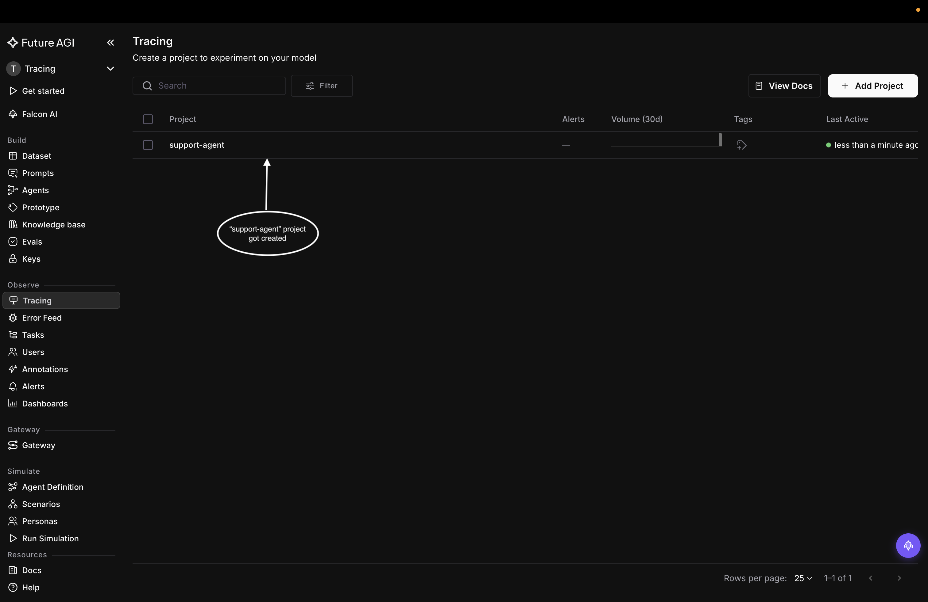 Future AGI Tracing project list showing a traced project with its last-active time, tags, and the Add Project button