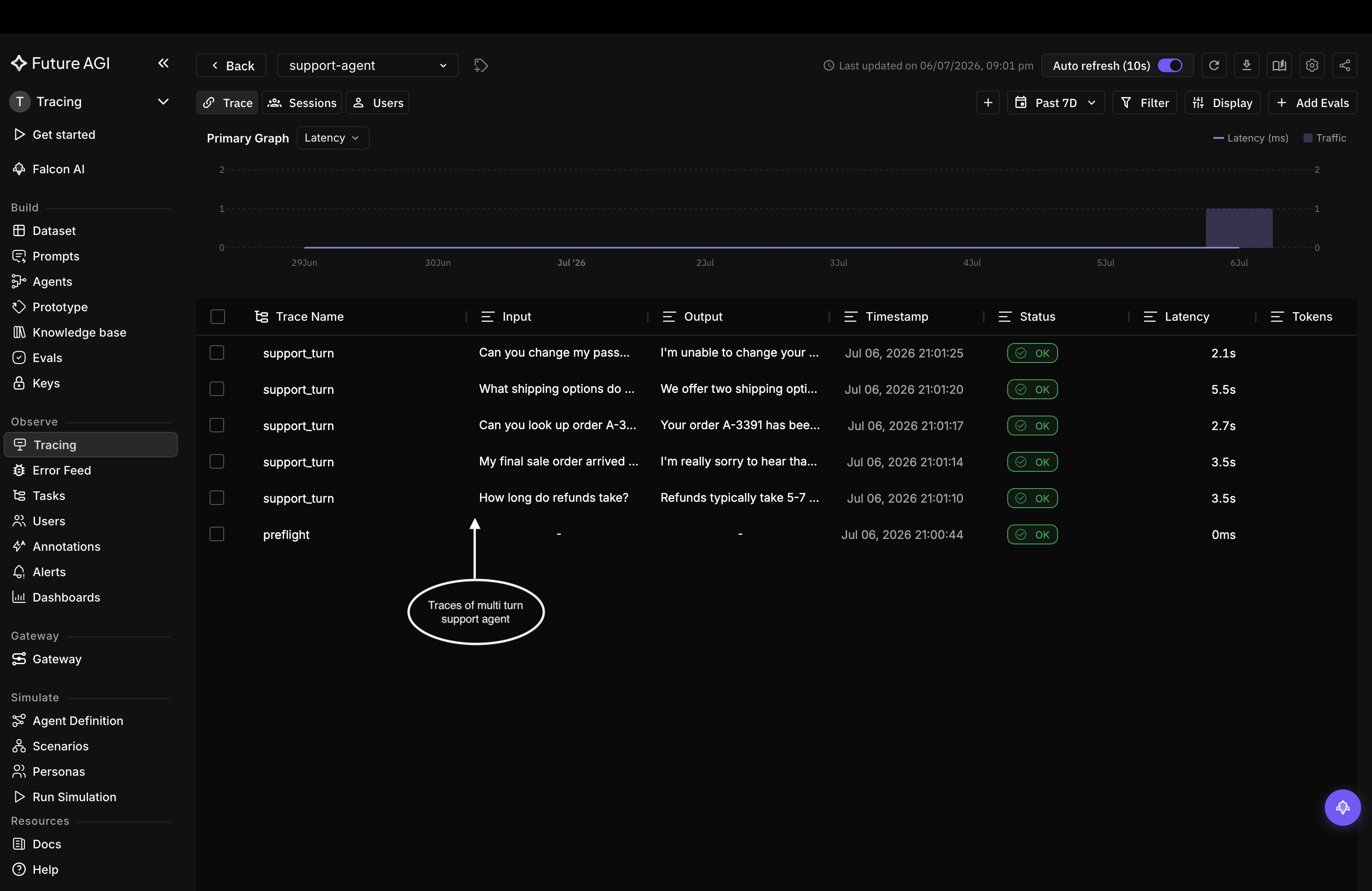 Observe trace table listing agent turns with input, output, timestamp, status, and latency columns