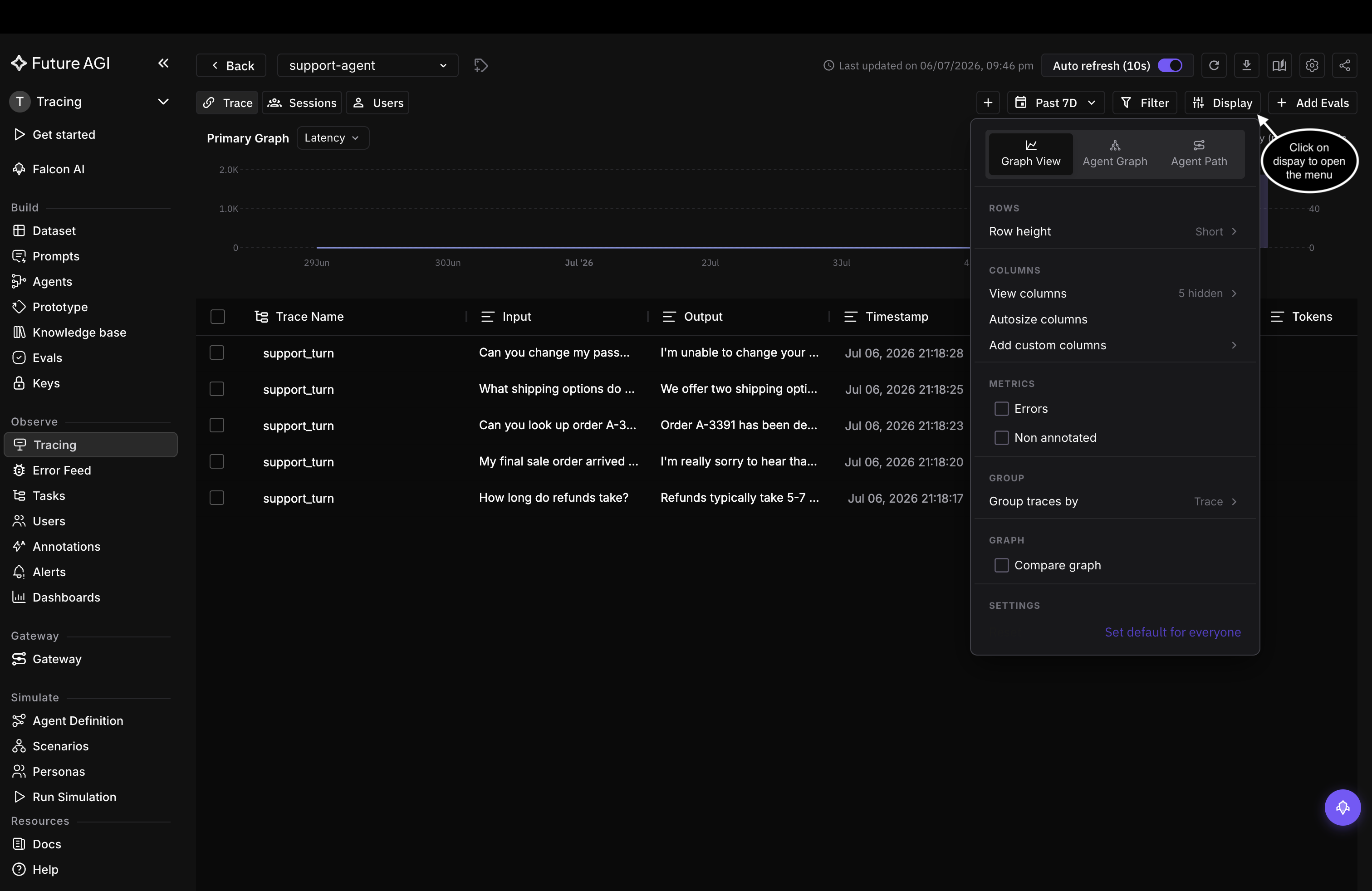 The Display menu open over the trace table, with view tabs on top and sections for rows, columns, metrics, group, and settings