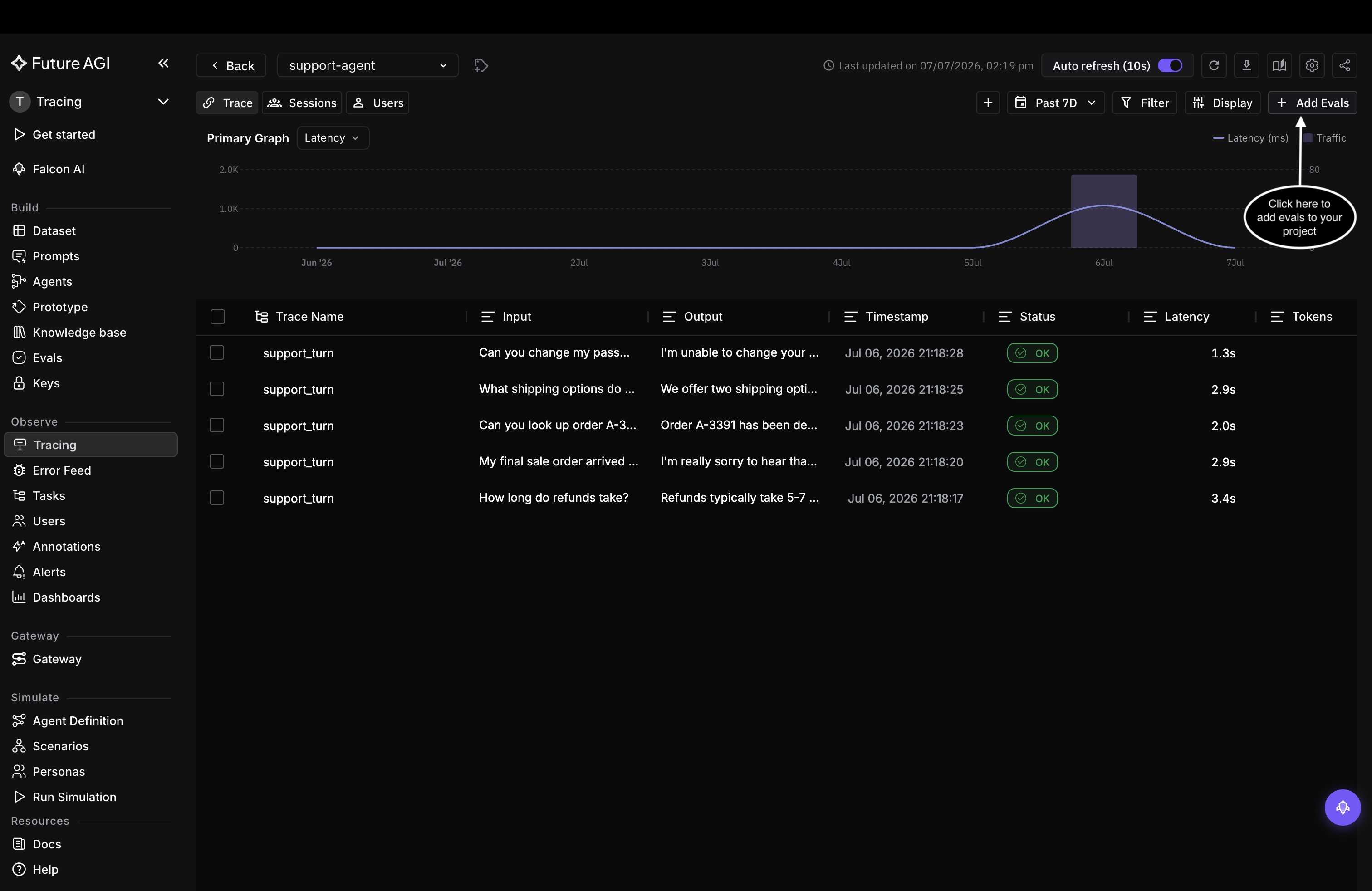 Observe trace table for the support-agent project with the Add Evals button highlighted at the top right