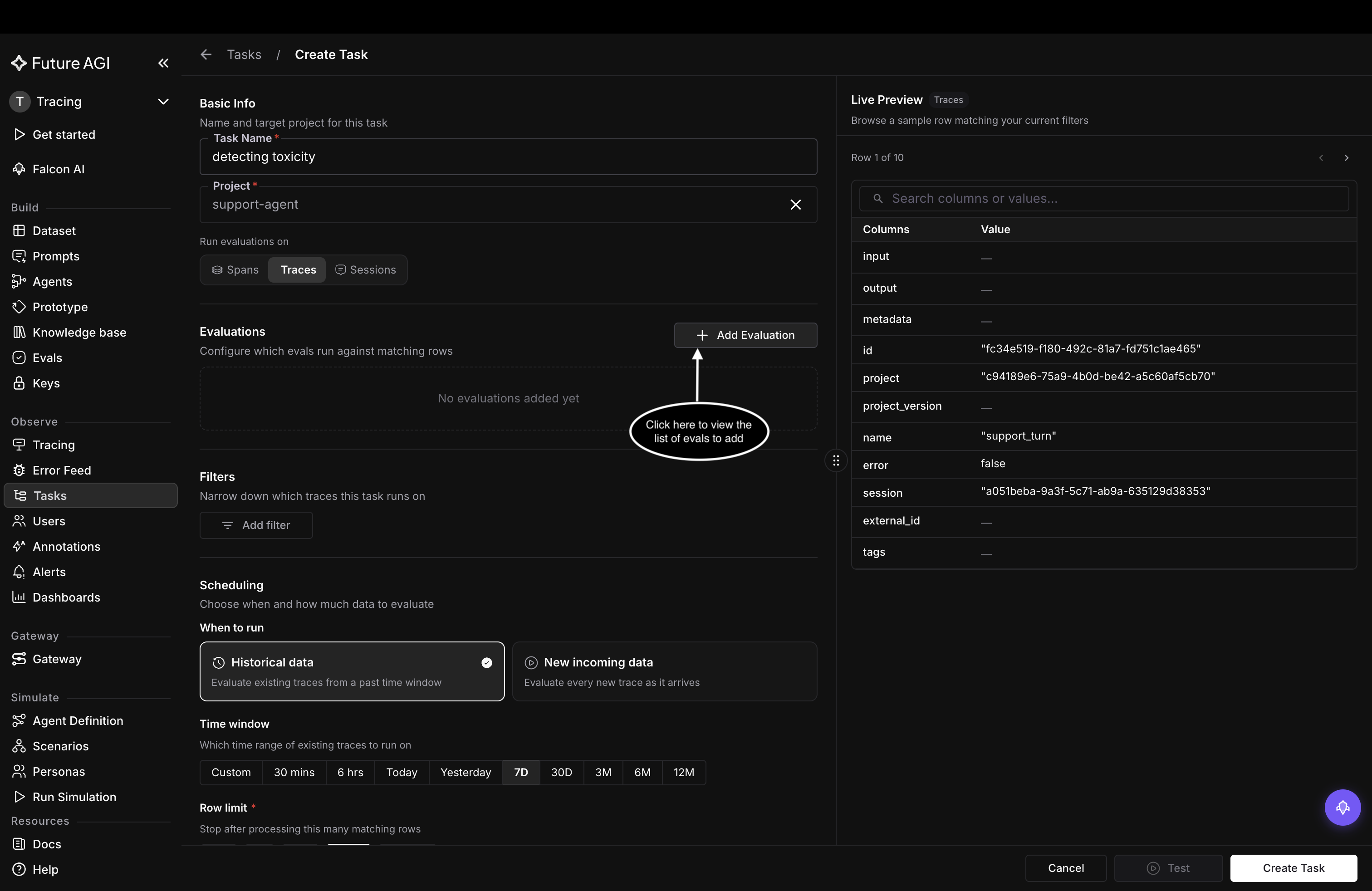 Create Task page with the Add Evaluation button highlighted and no evaluations added yet