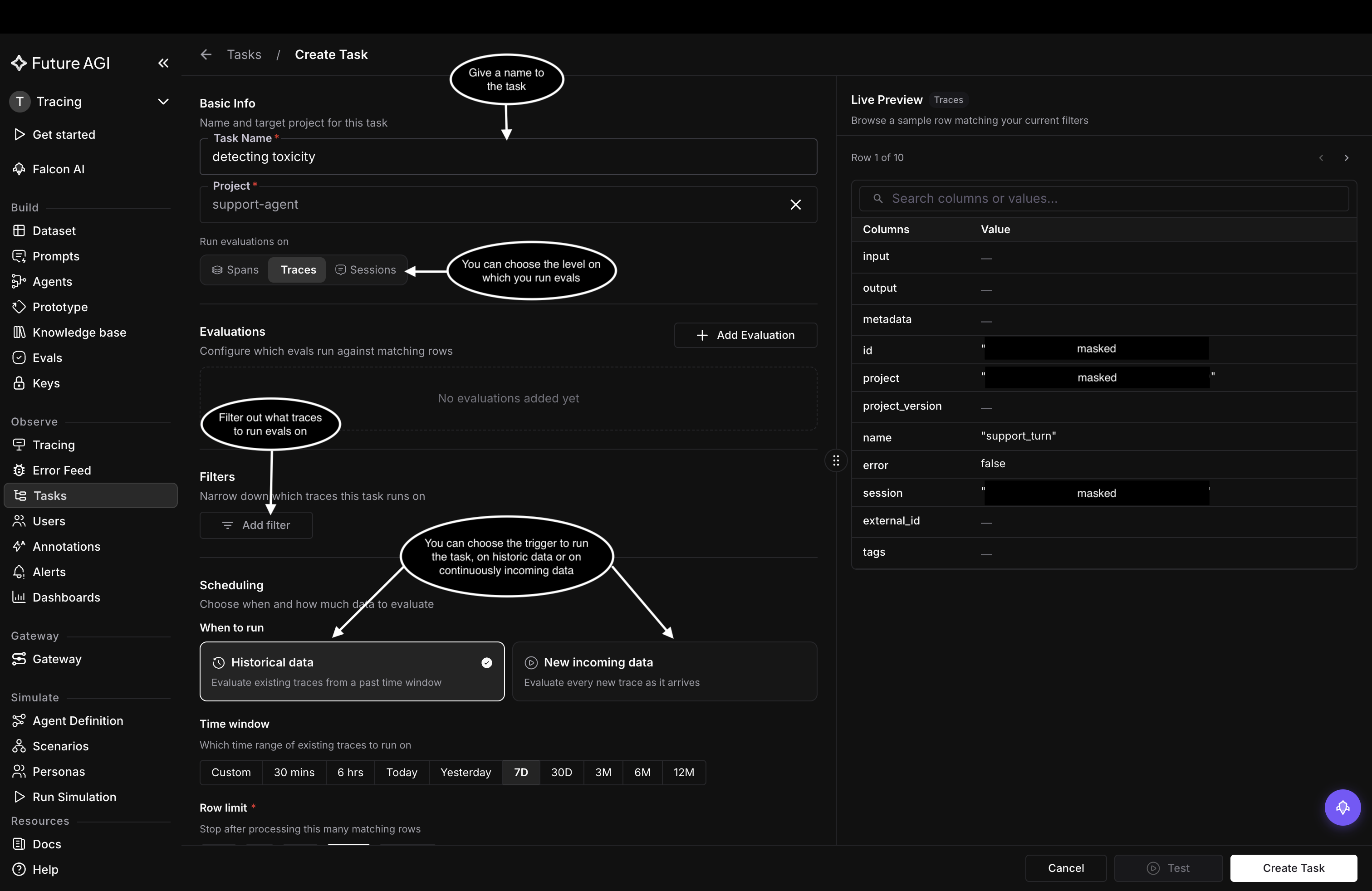 Create Task page with a task name, the support-agent project, and Spans, Traces, and Sessions level options