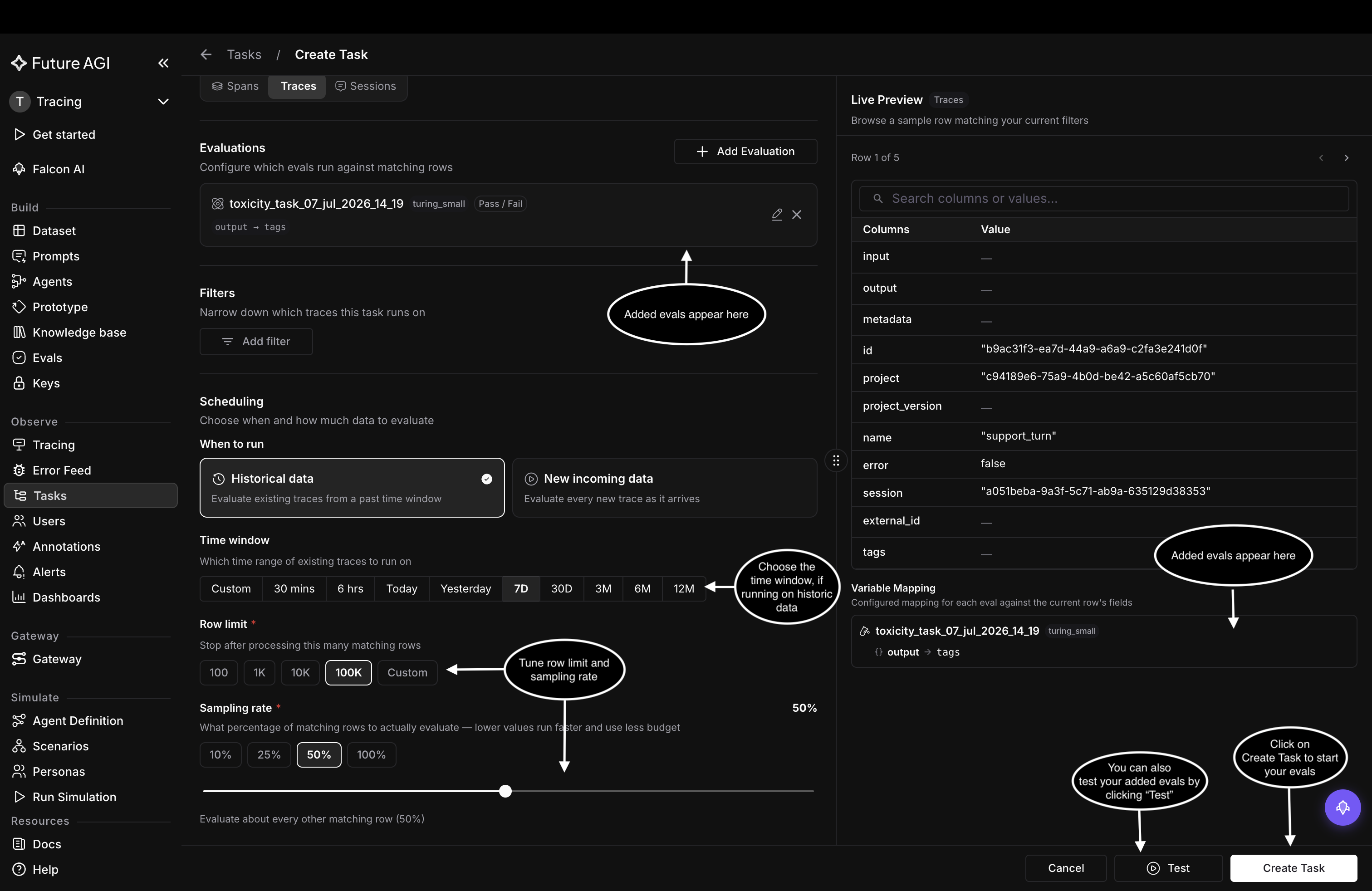 Create Task page with the added toxicity eval, Historical vs New incoming options, time window, row limit, and sampling rate, plus Test and Create Task buttons
