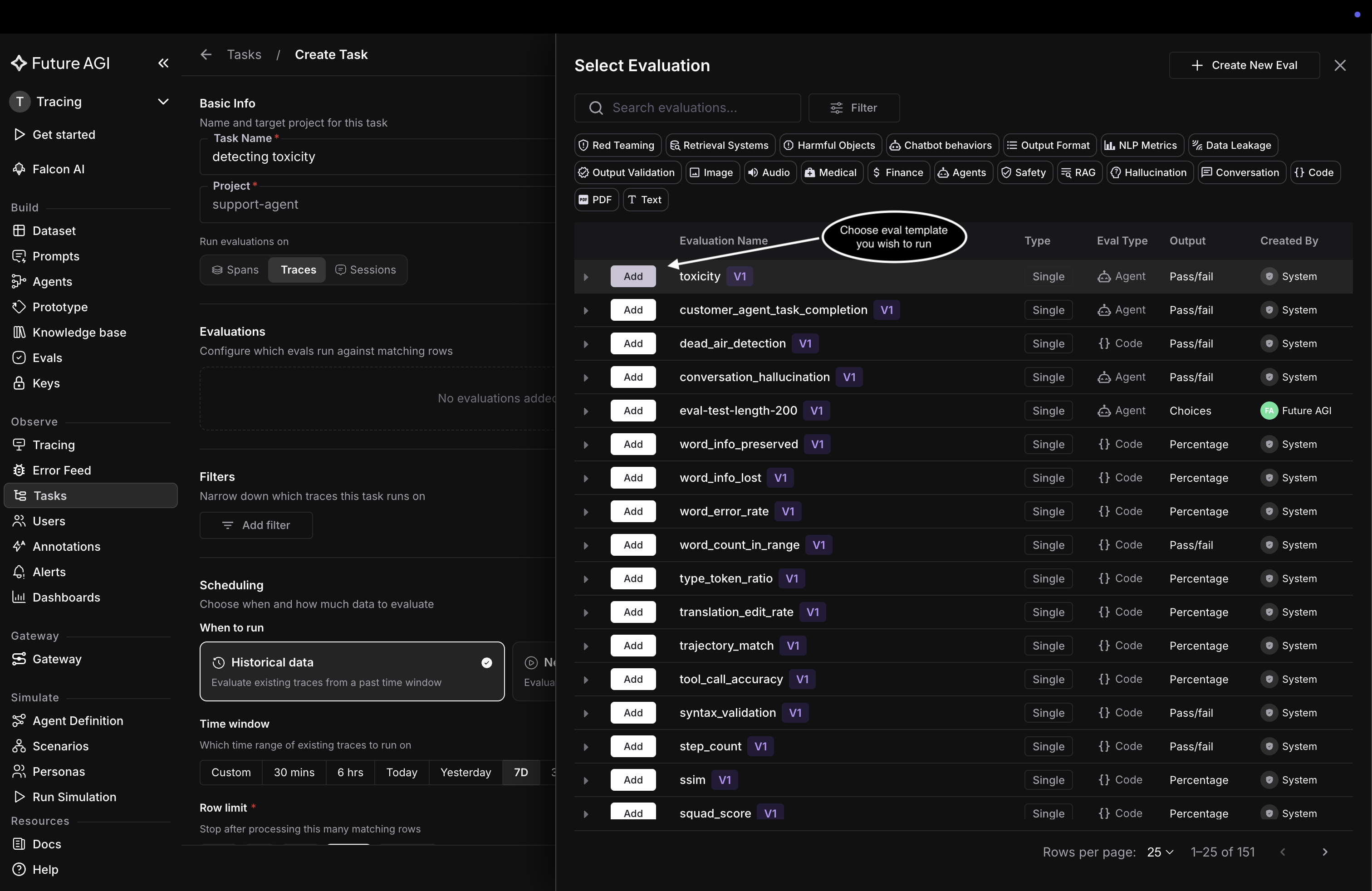 Select Evaluation library listing built-in templates like toxicity and conversation_hallucination with category filters and output types