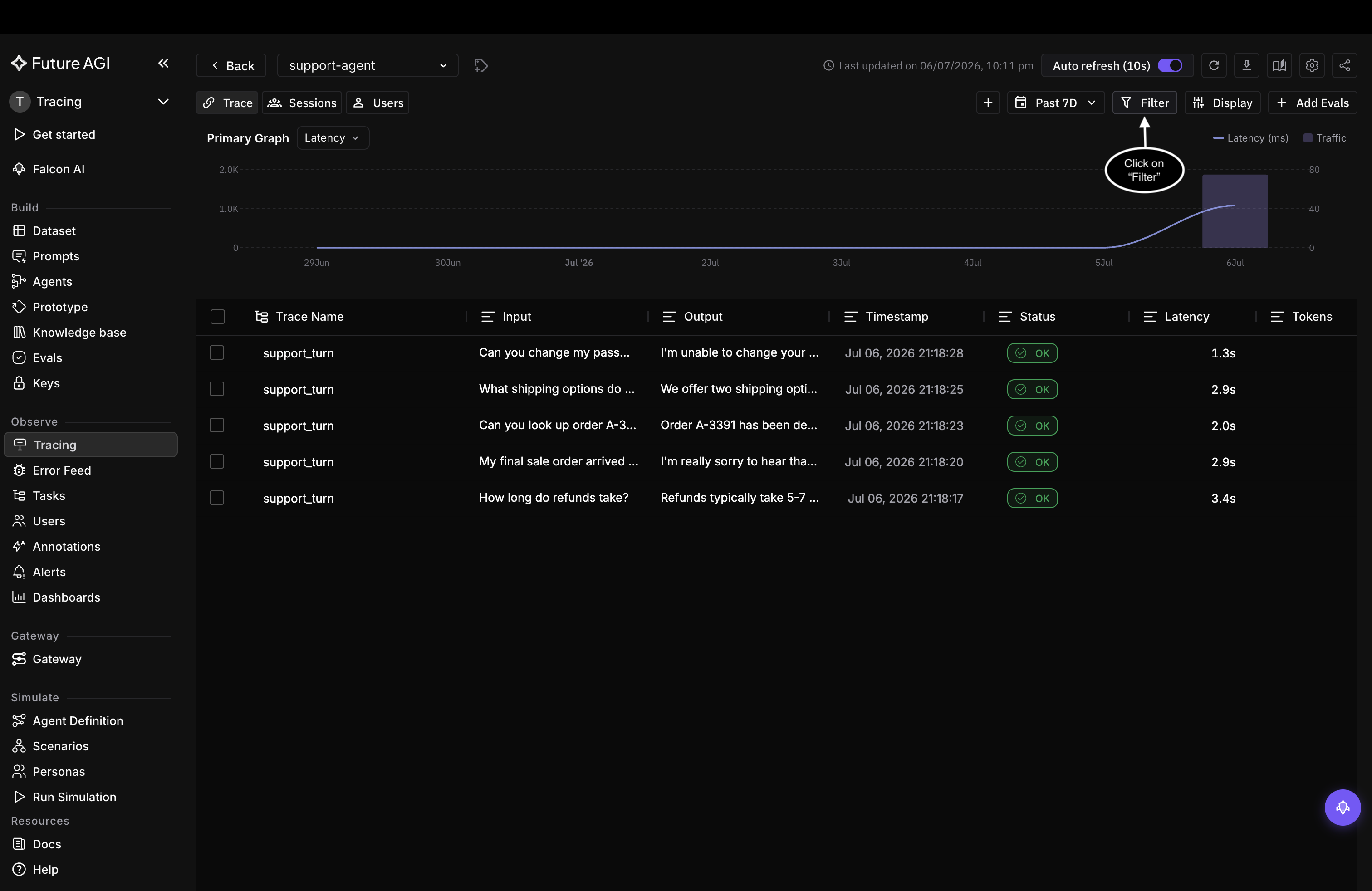 Observe trace table with the Filter button highlighted at the top right