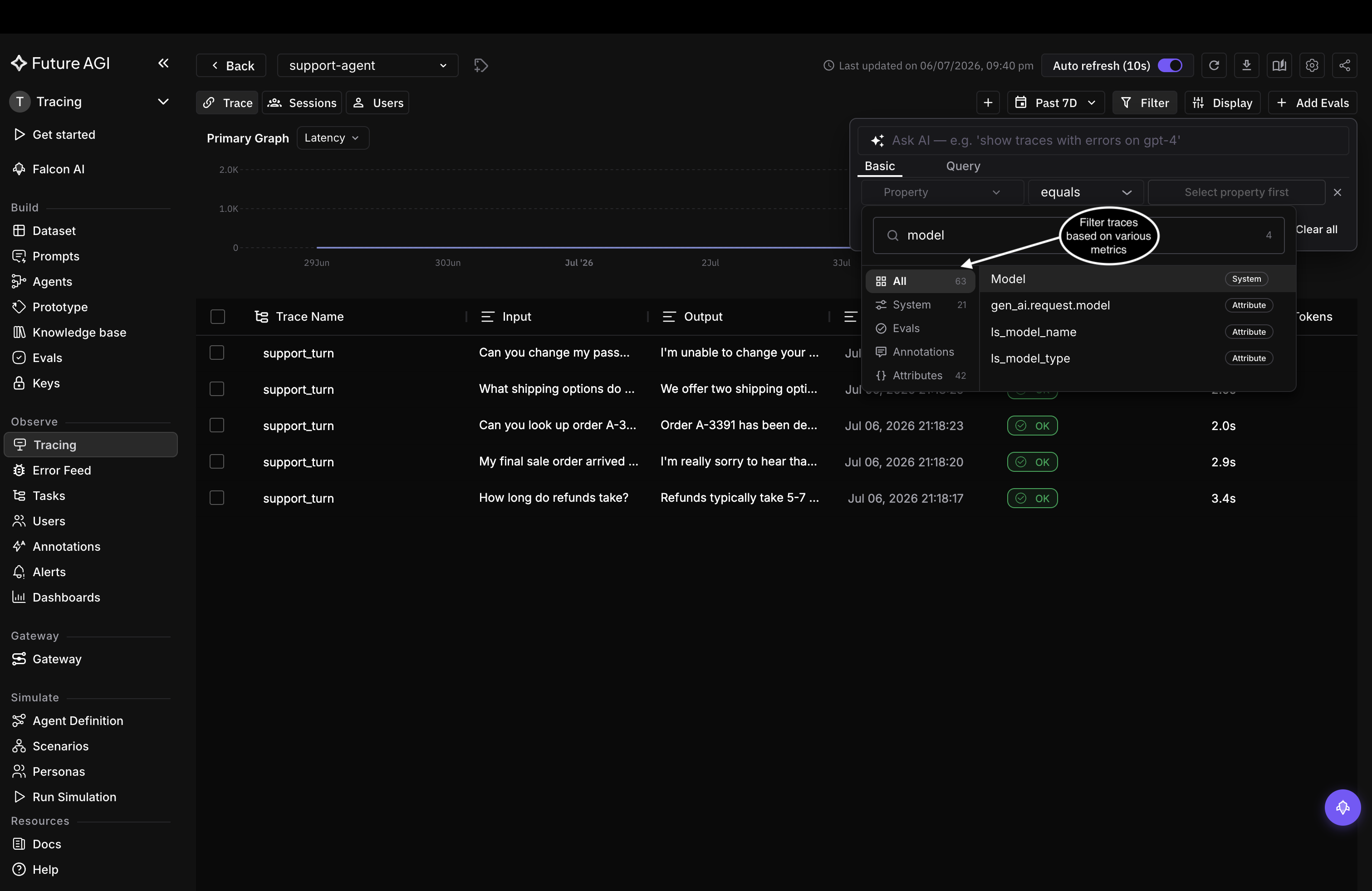 Basic filter builder with the property search open, showing Model and related model attributes grouped by System and Attributes