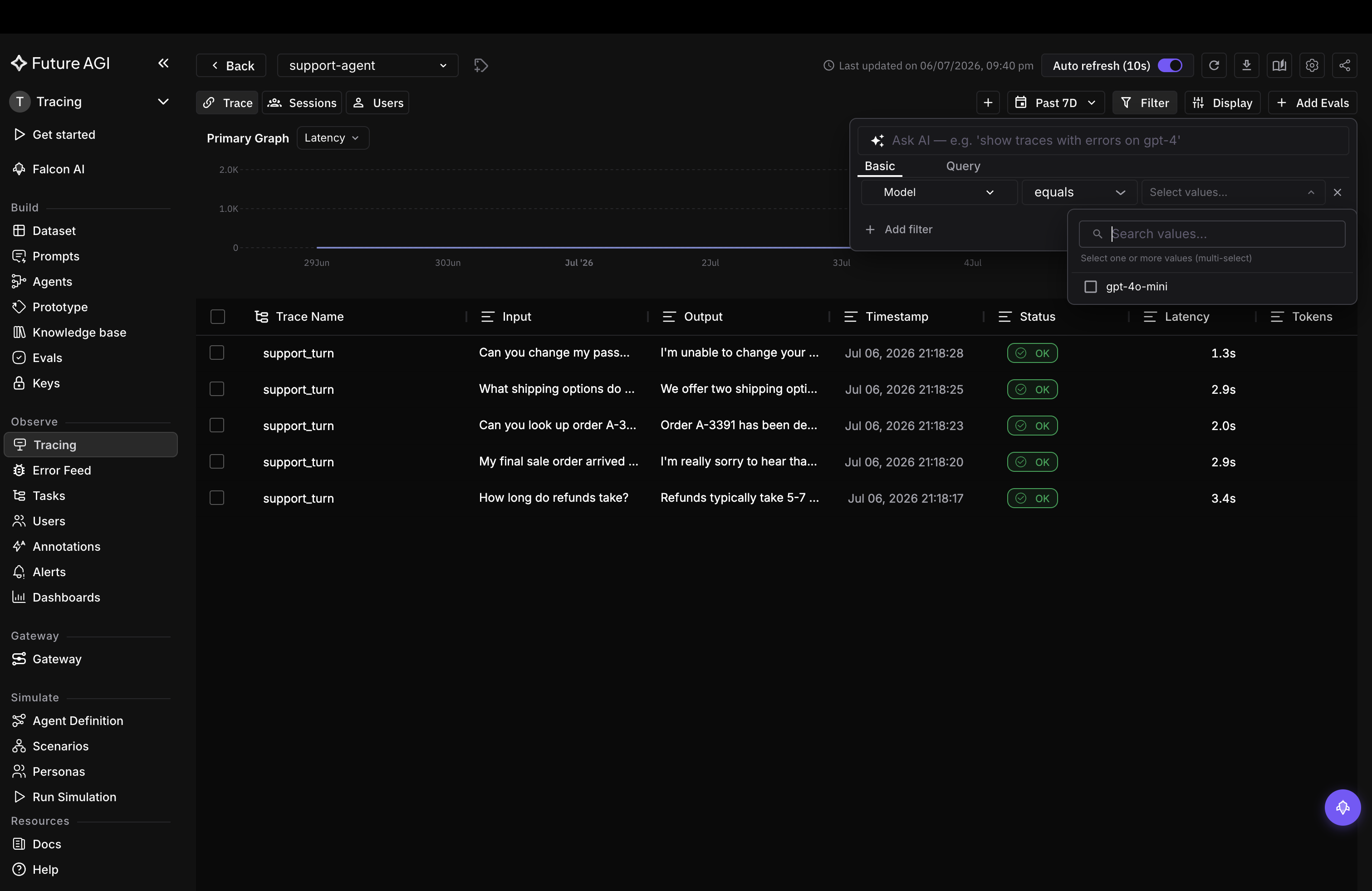 Basic filter builder with Model equals and the value dropdown showing gpt-4o-mini as a multi-select option