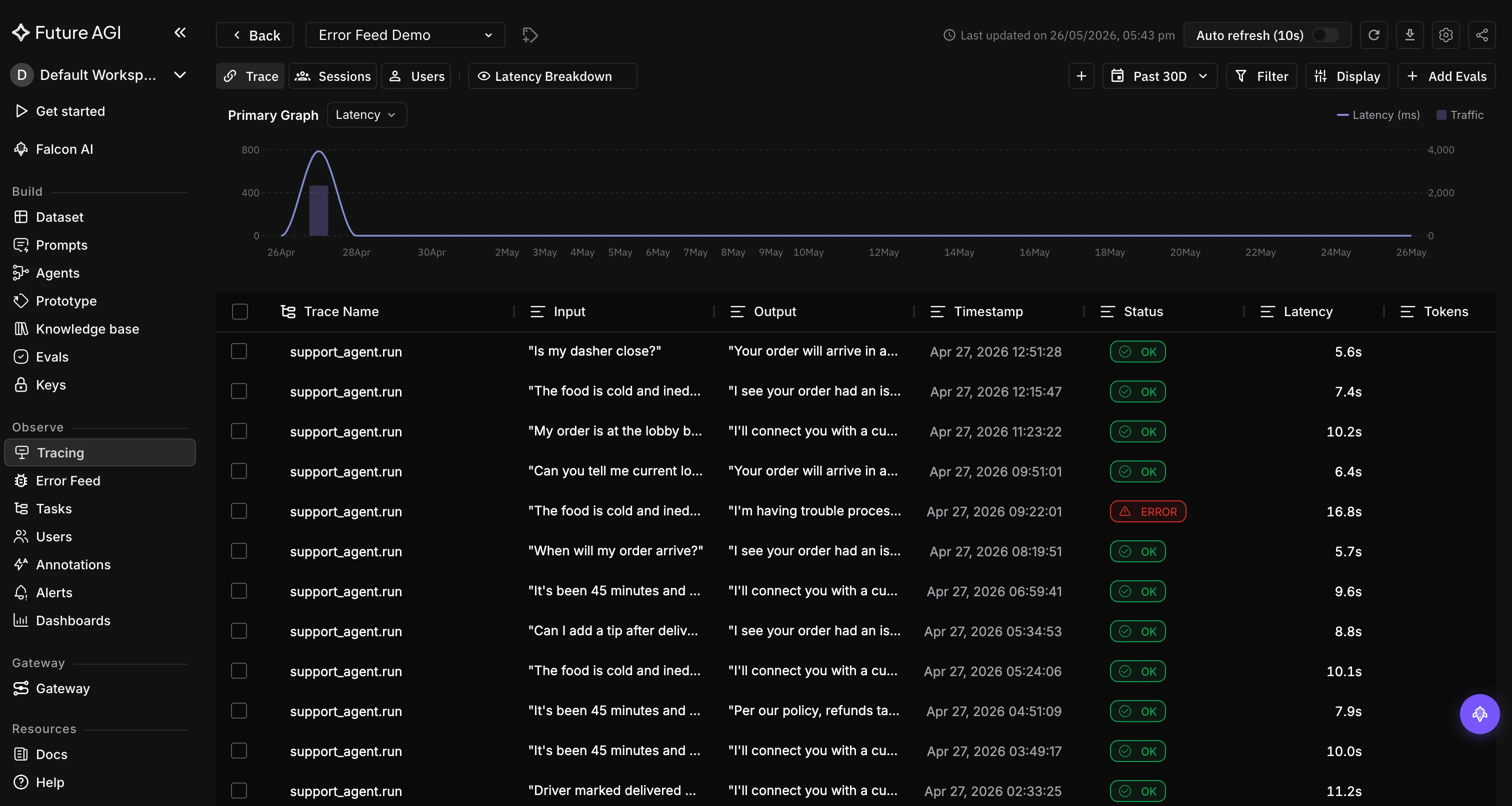 Observe trace explorer with one new OpenAI trace showing OK status, model, latency, and token columns