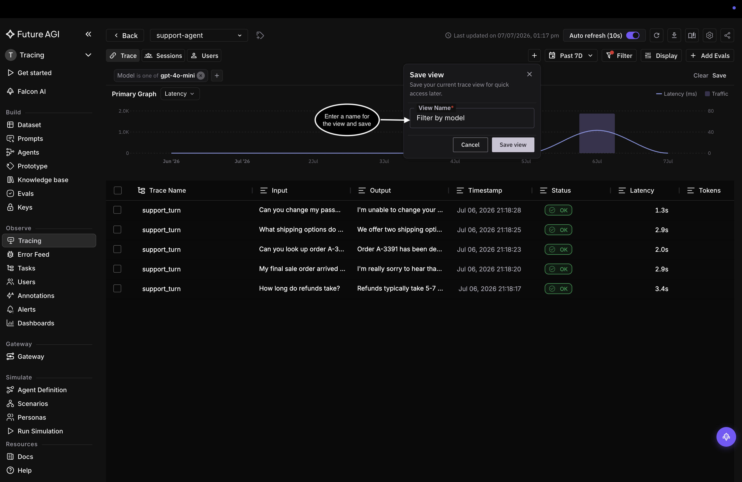 Save view dialog with a View Name field reading Filter by model and a Save view button