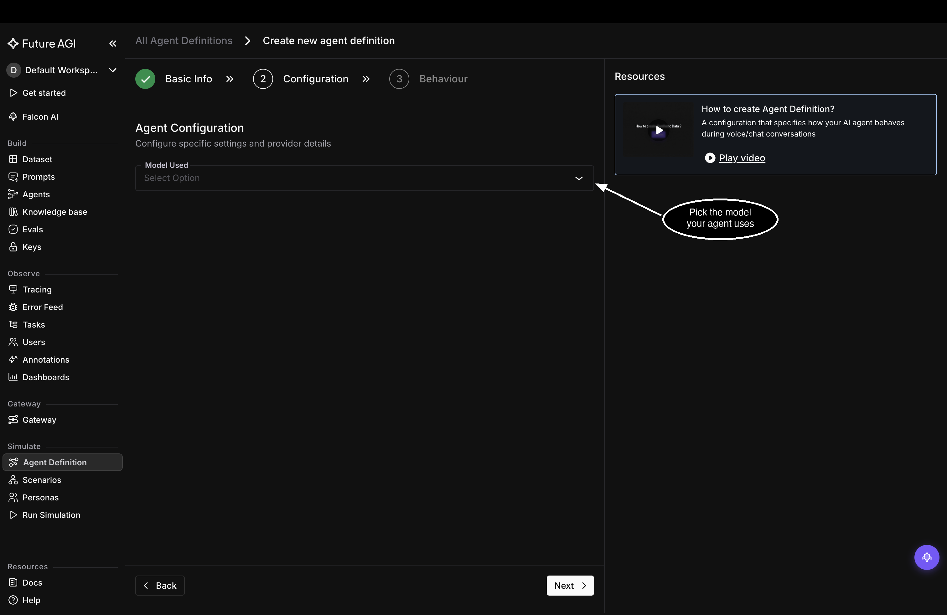 The Configuration step for a chat agent, reduced to a single Model Used dropdown
