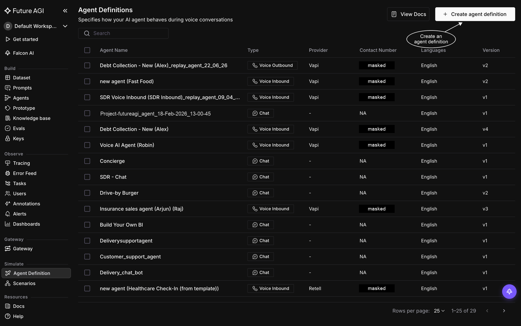 The Agent Definitions list showing voice and chat agents with their providers, contact numbers, and versions, and the Create agent definition button at the top right