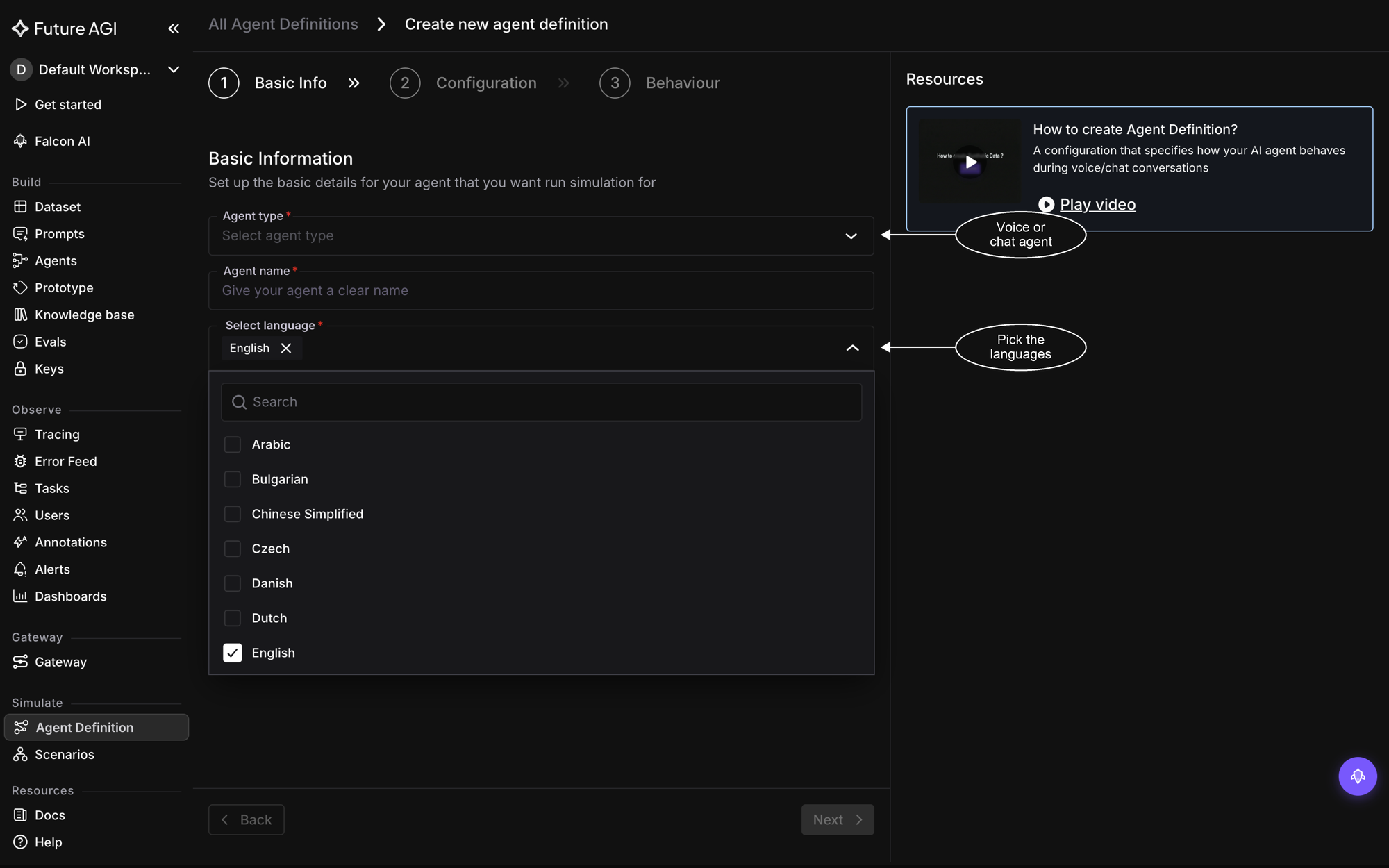 The Basic Info step with the Agent type dropdown, an Agent name field, and the language selector open with English checked