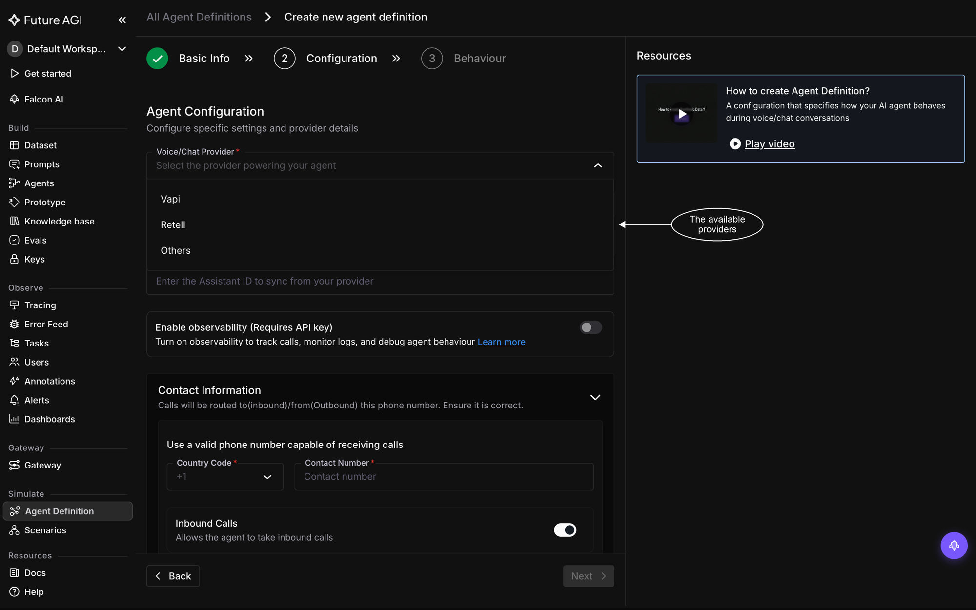 The Configuration step with the provider dropdown open, listing Vapi, Retell, Bland.ai, and Others