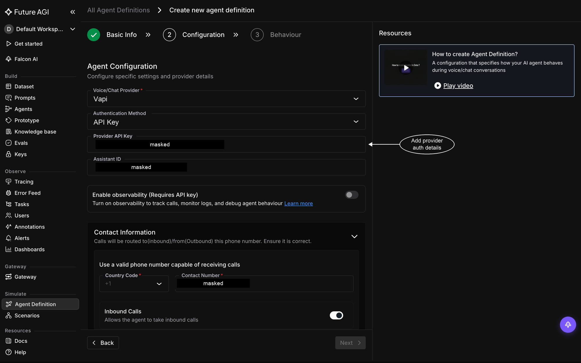 The Configuration step with Vapi selected, API Key as the authentication method, masked API key, Assistant ID, and contact number fields, and the Inbound Calls toggle on