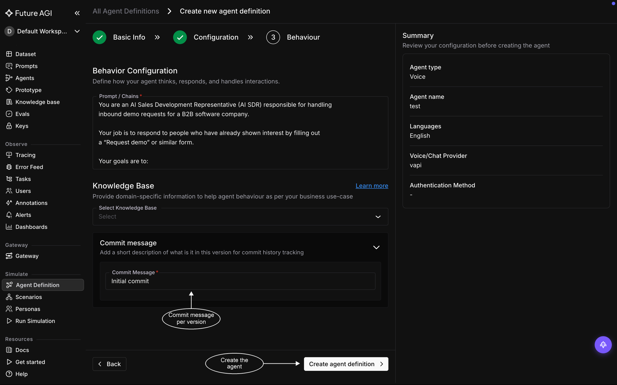 The Behaviour step with an AI SDR system prompt, a knowledge base selector, a commit message reading Initial commit, and the Create agent definition button next to the configuration summary