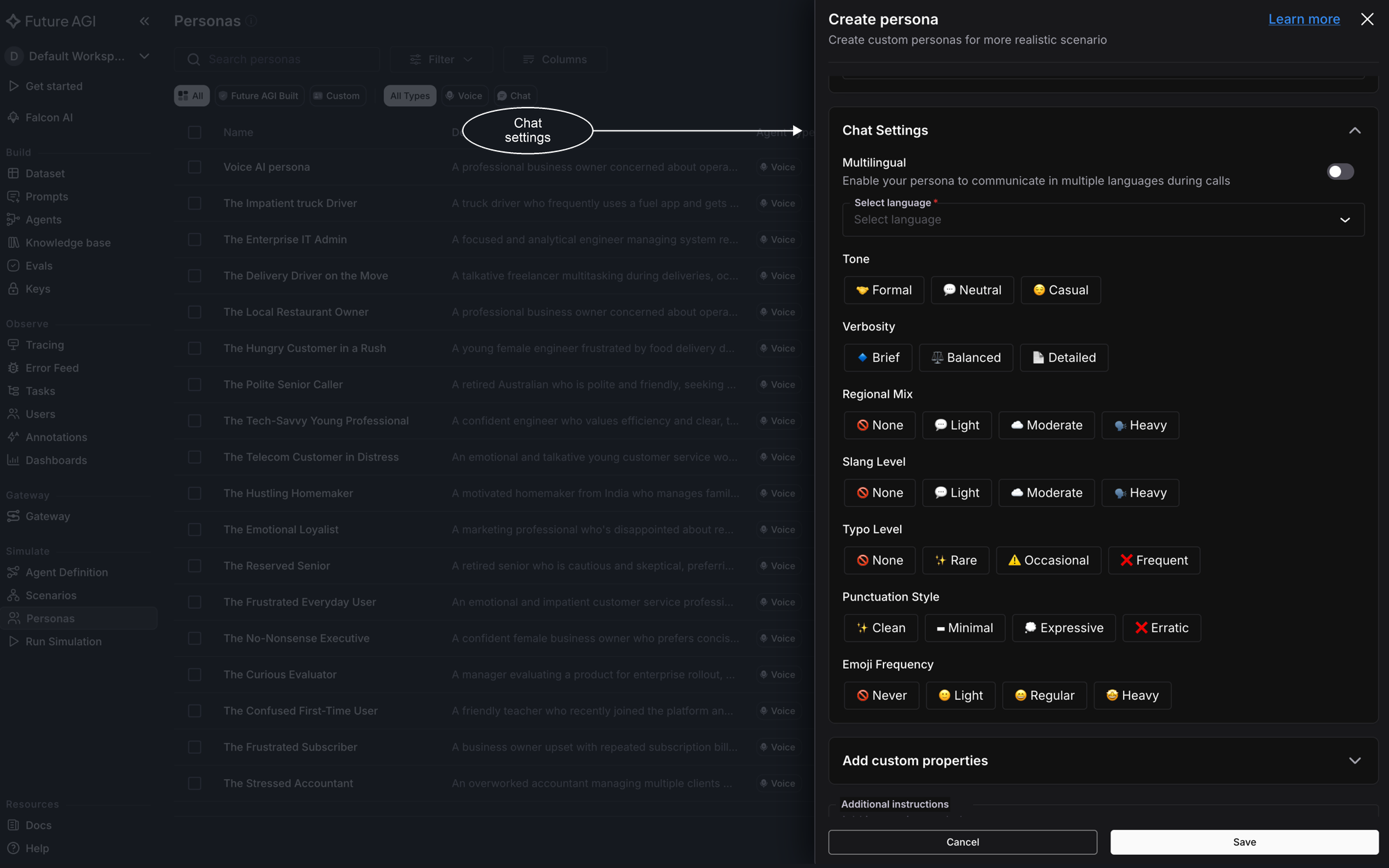 Chat Settings on a chat persona, with the multilingual toggle and the Tone, Verbosity, Regional Mix, Slang Level, Typo Level, Punctuation Style, and Emoji Frequency options