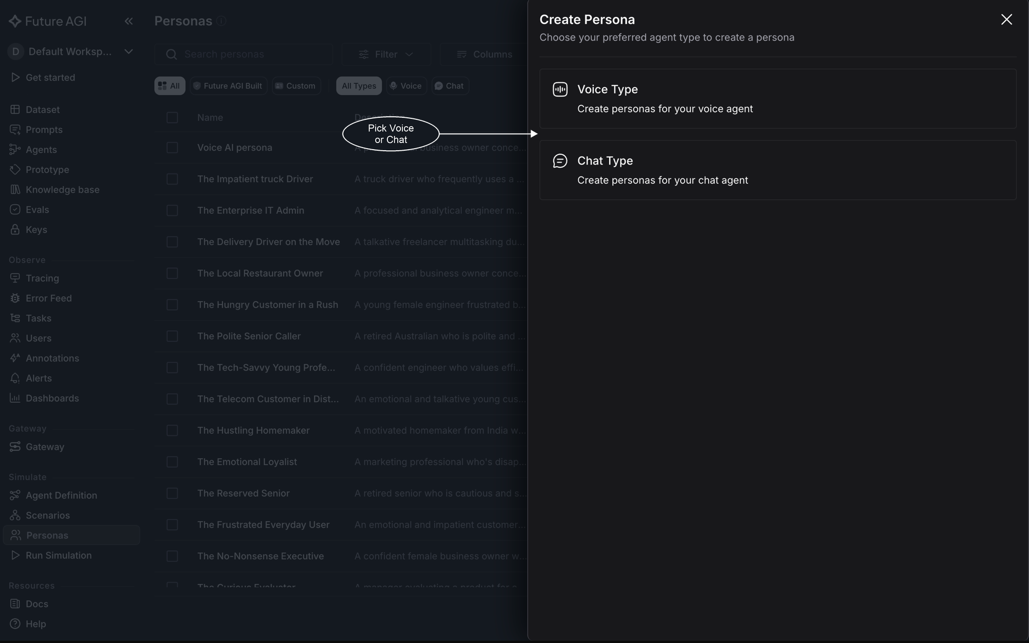 The Create Persona panel asking for an agent type, with Voice Type and Chat Type as the two options