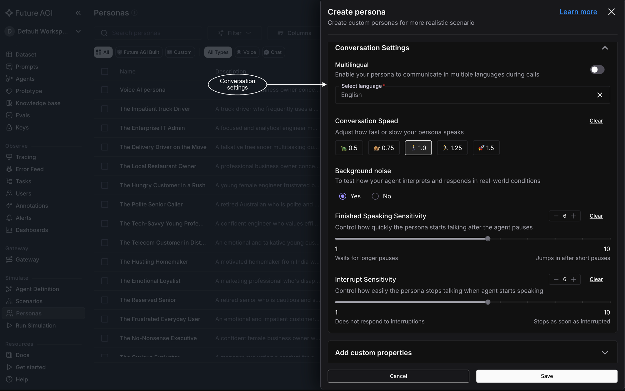 Conversation Settings with the multilingual toggle, conversation speed options, background noise choice, and the two turn-taking sliders