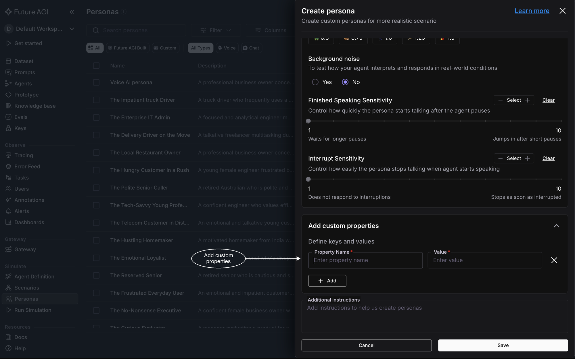 The Add custom properties section with property name and value fields, and the Additional instructions box below