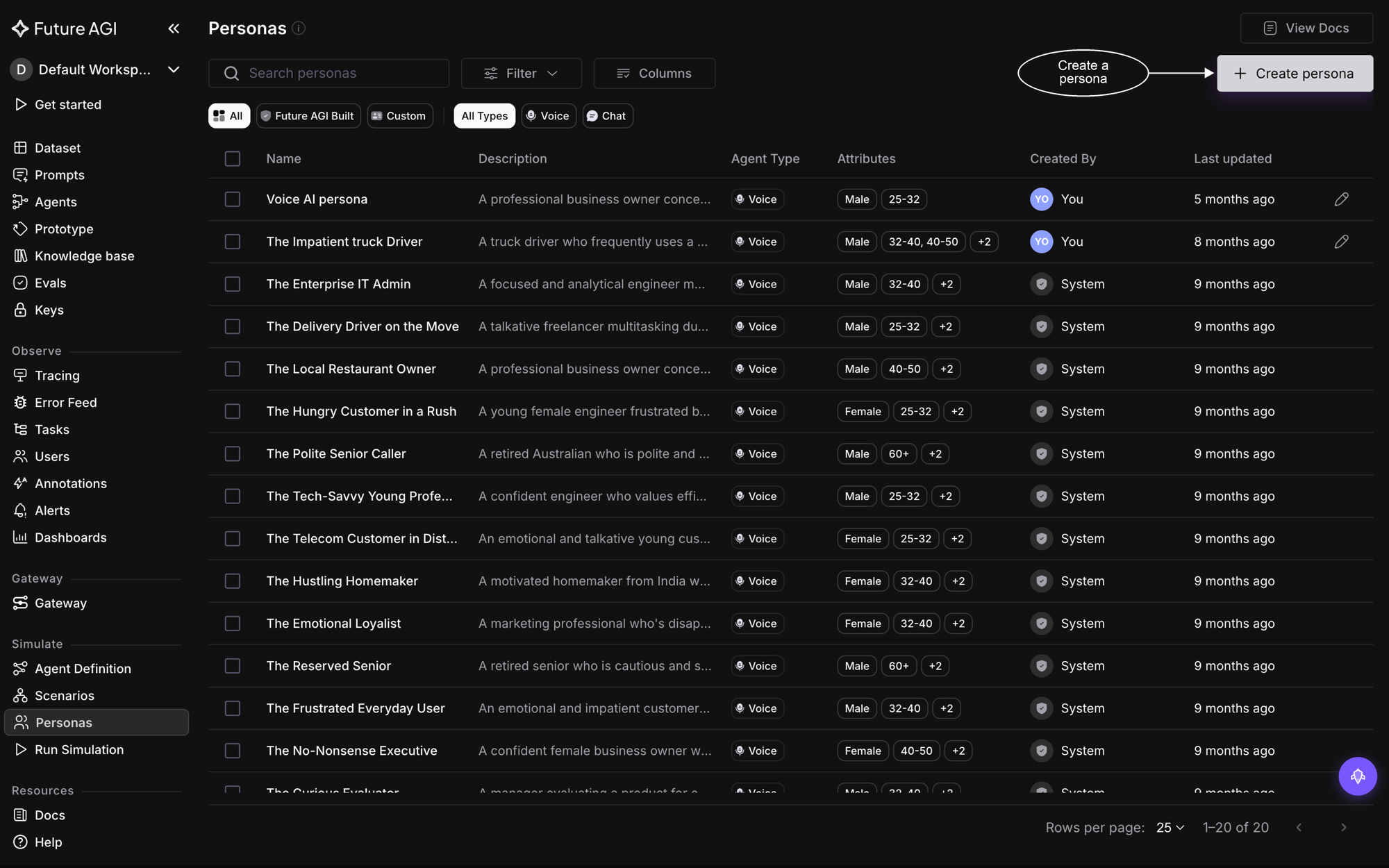 The Personas list showing built-in voice personas, with the Create persona button highlighted in the top right