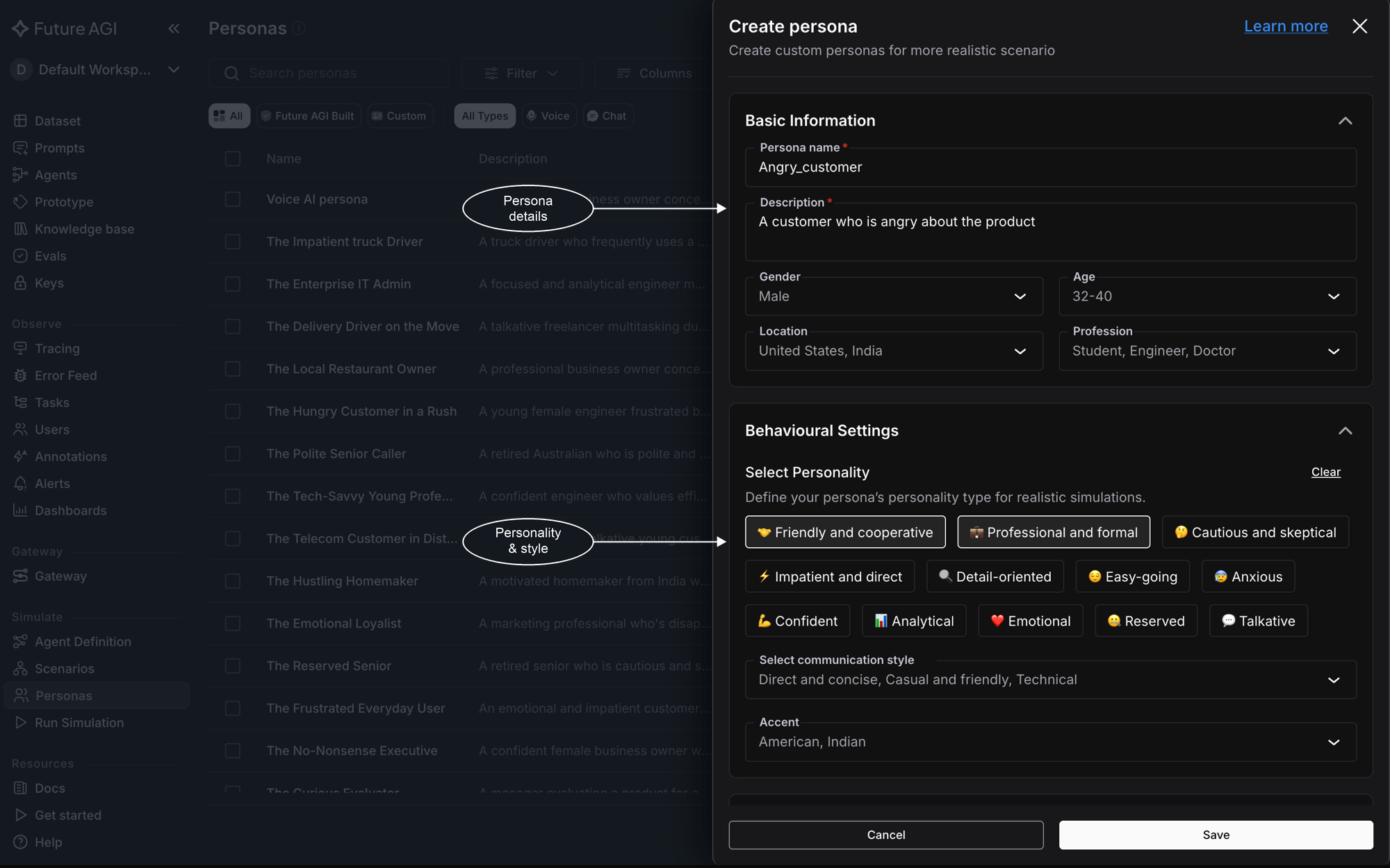The Create persona form with the name Angry_customer and its description filled in under Basic Information, and personality options under Behavioural Settings